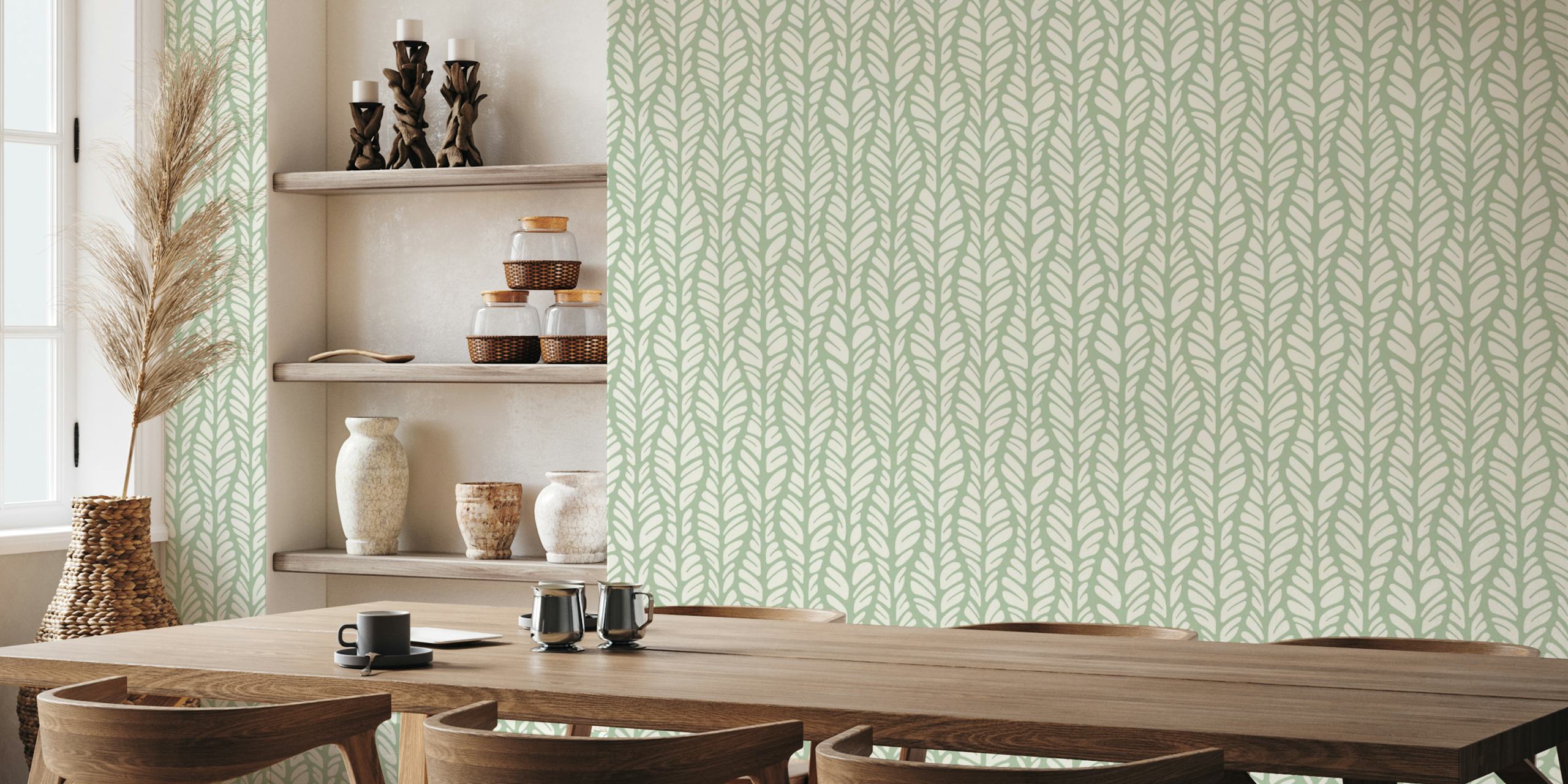 Leaf pattern in green and white on woven stripes wallpaper