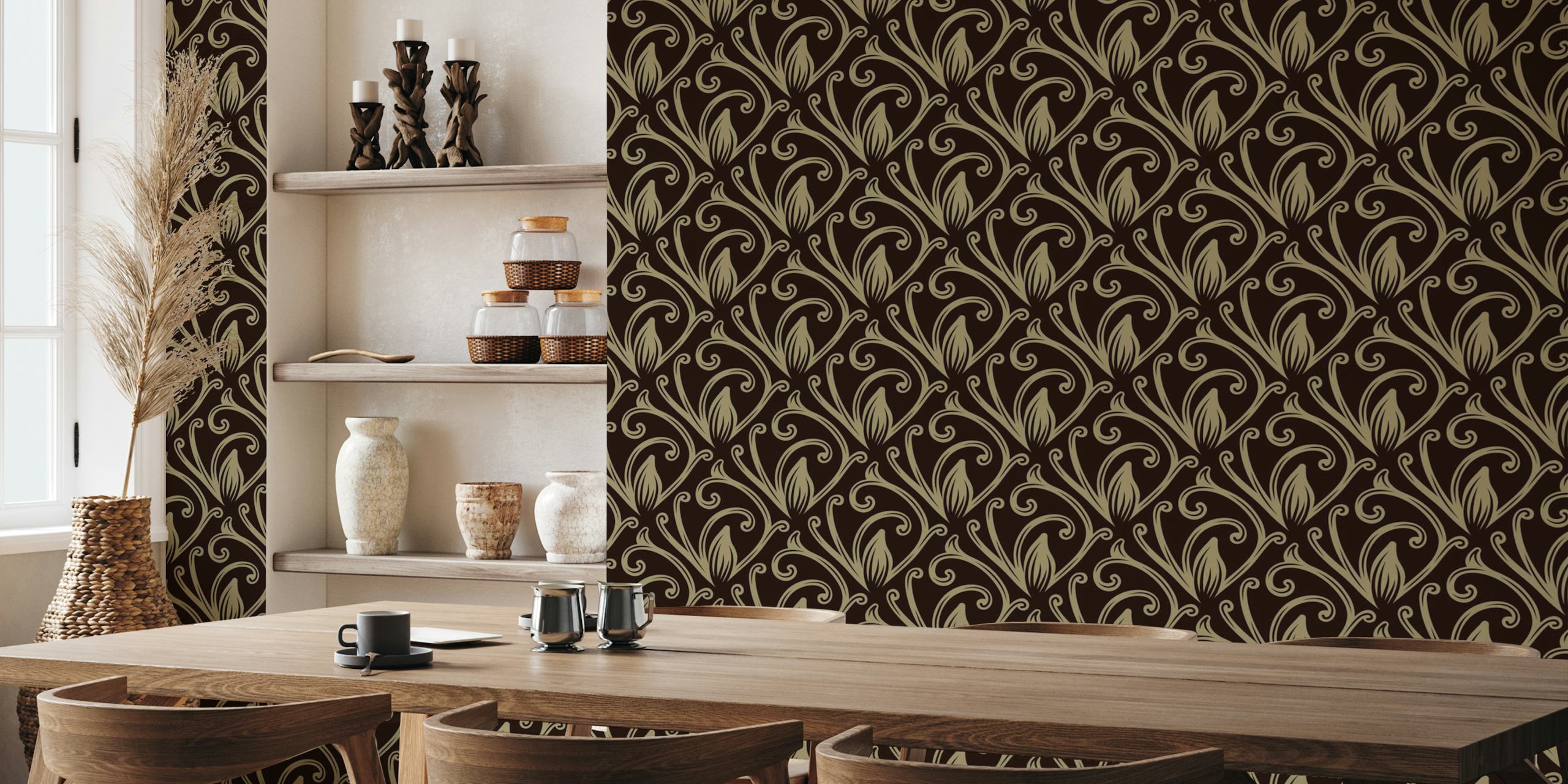 Baroque acanthus leaves pattern in black and gold wallpaper