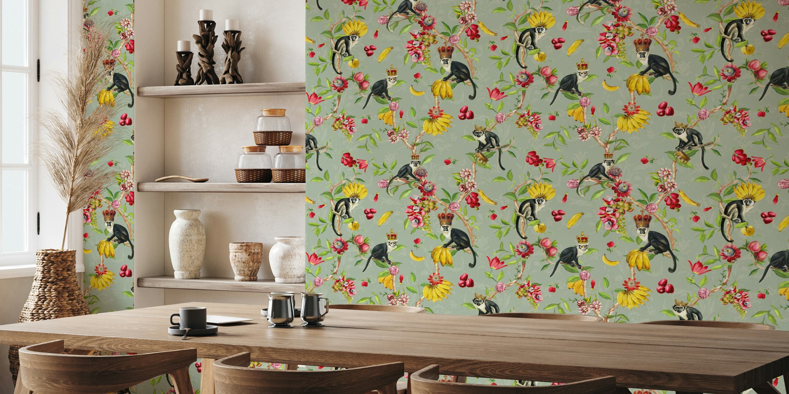 Vintage monkeys surrounded by tropical flowers and fruits wallpaper