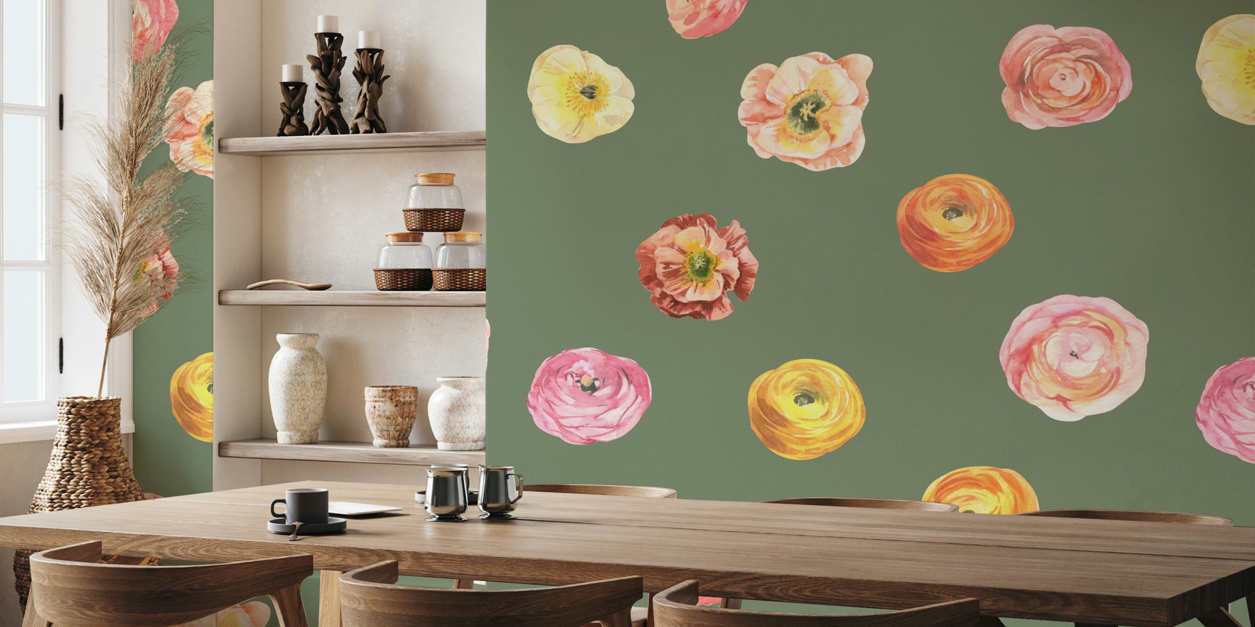 Scattered ranunculus wallpaper in a room