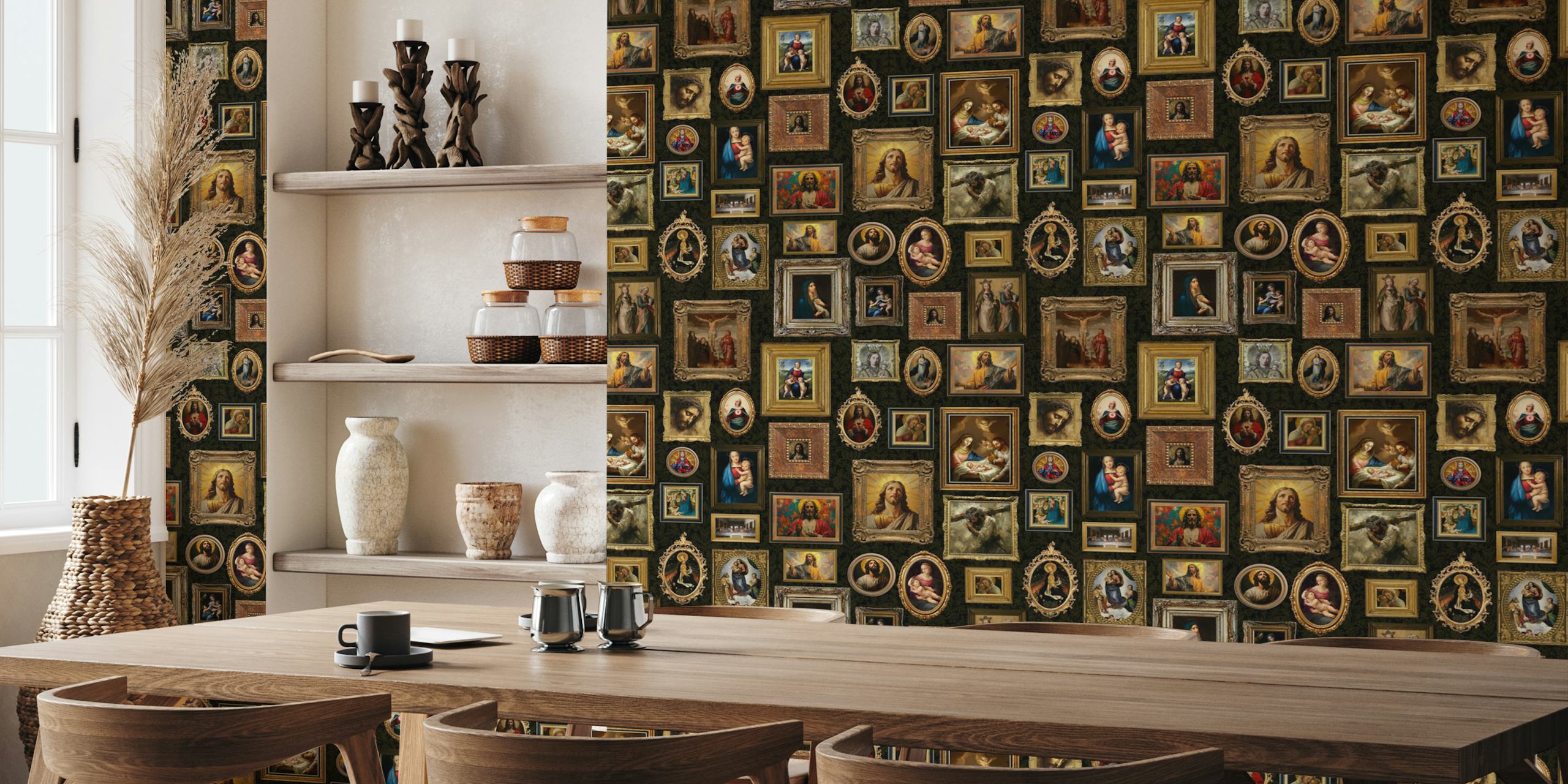Vintage art gallery wallpaper featuring classic paintings in ornate frames on dark background.
