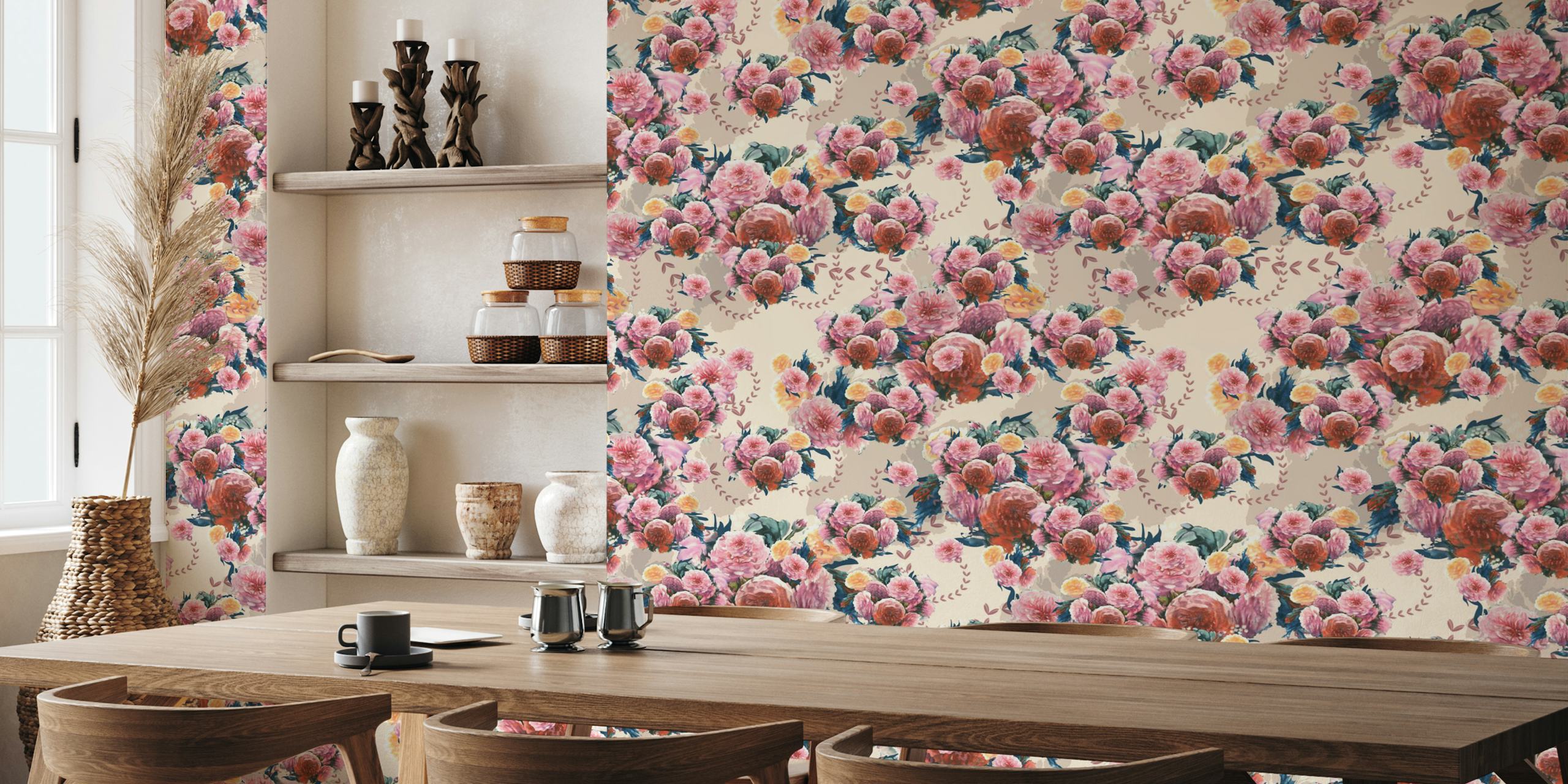 Floral arrangements with pink and orange roses on a beige background wallpaper