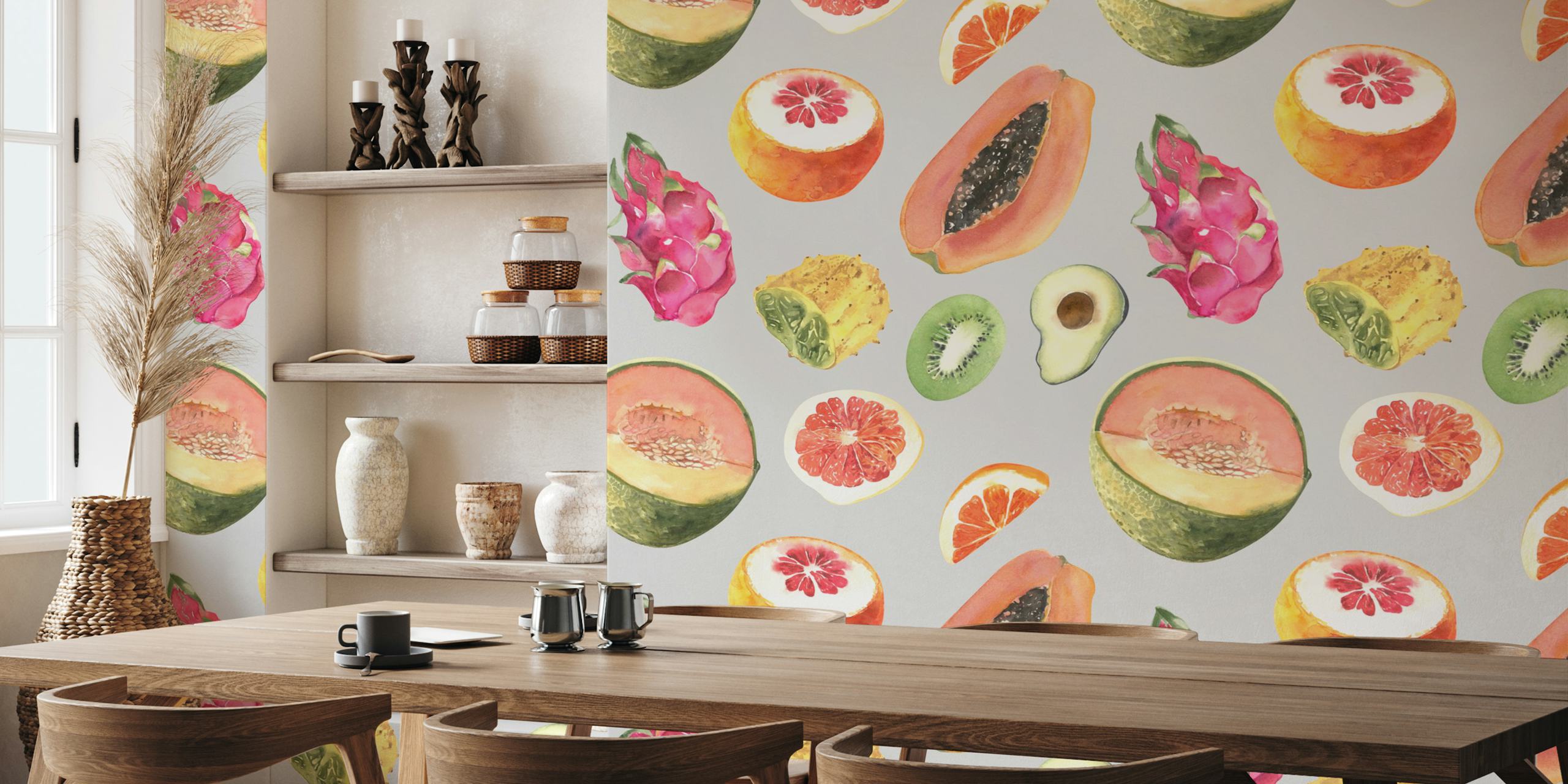 Colorful tropical fruits like watermelon, avocado and papaya on gray wallpaper