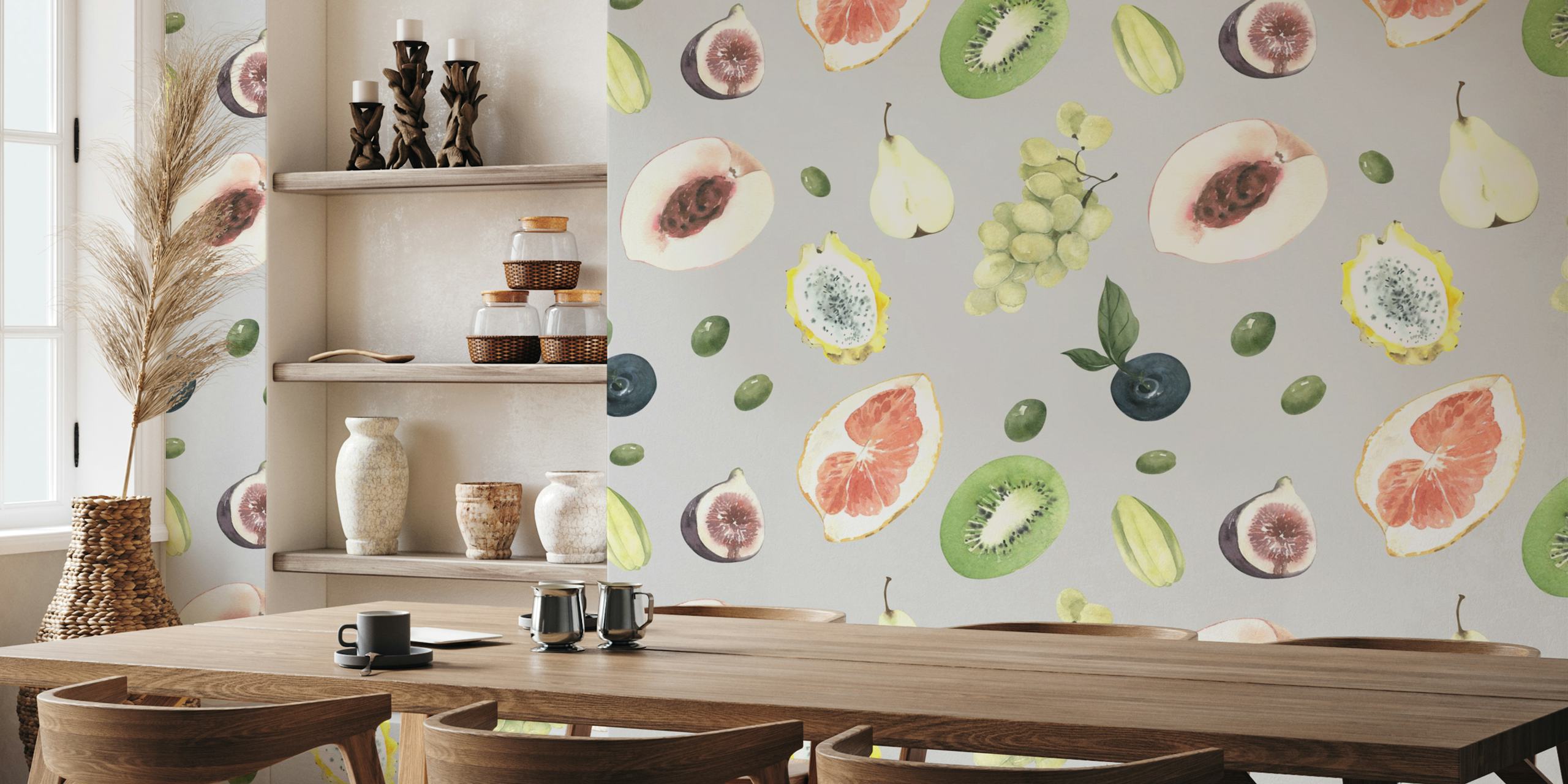 Botanical fruit wallpaper with kiwi, pear, and grapes in pastel colors