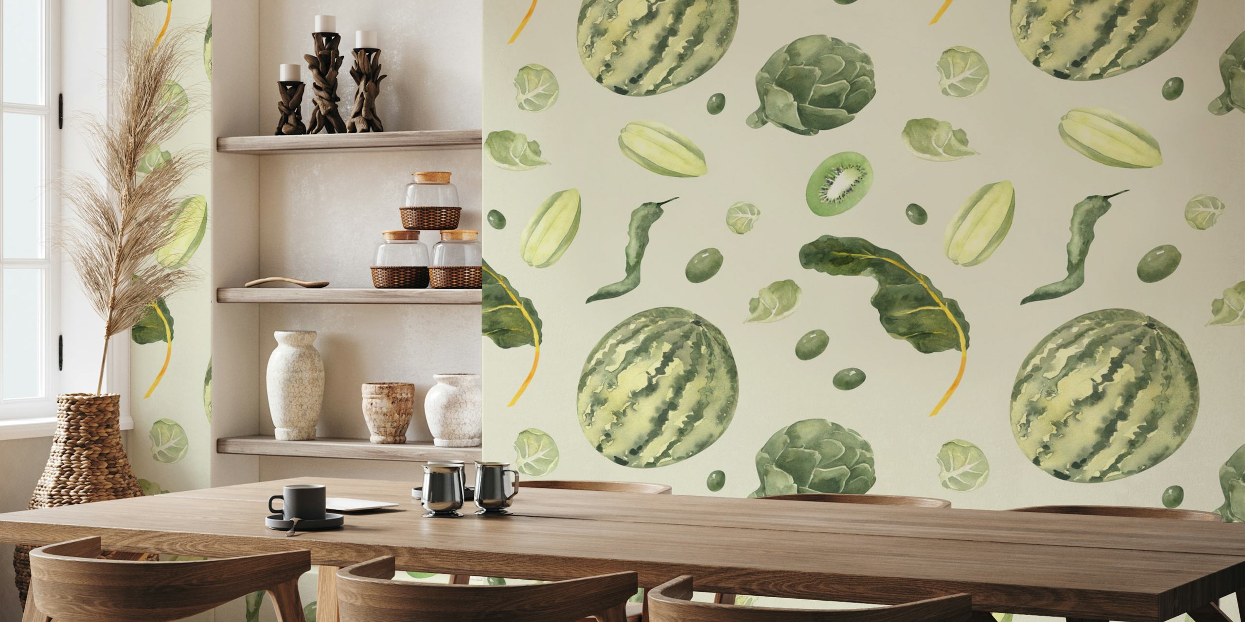 Colorful green tropical fruits and veggies pattern wallpaper