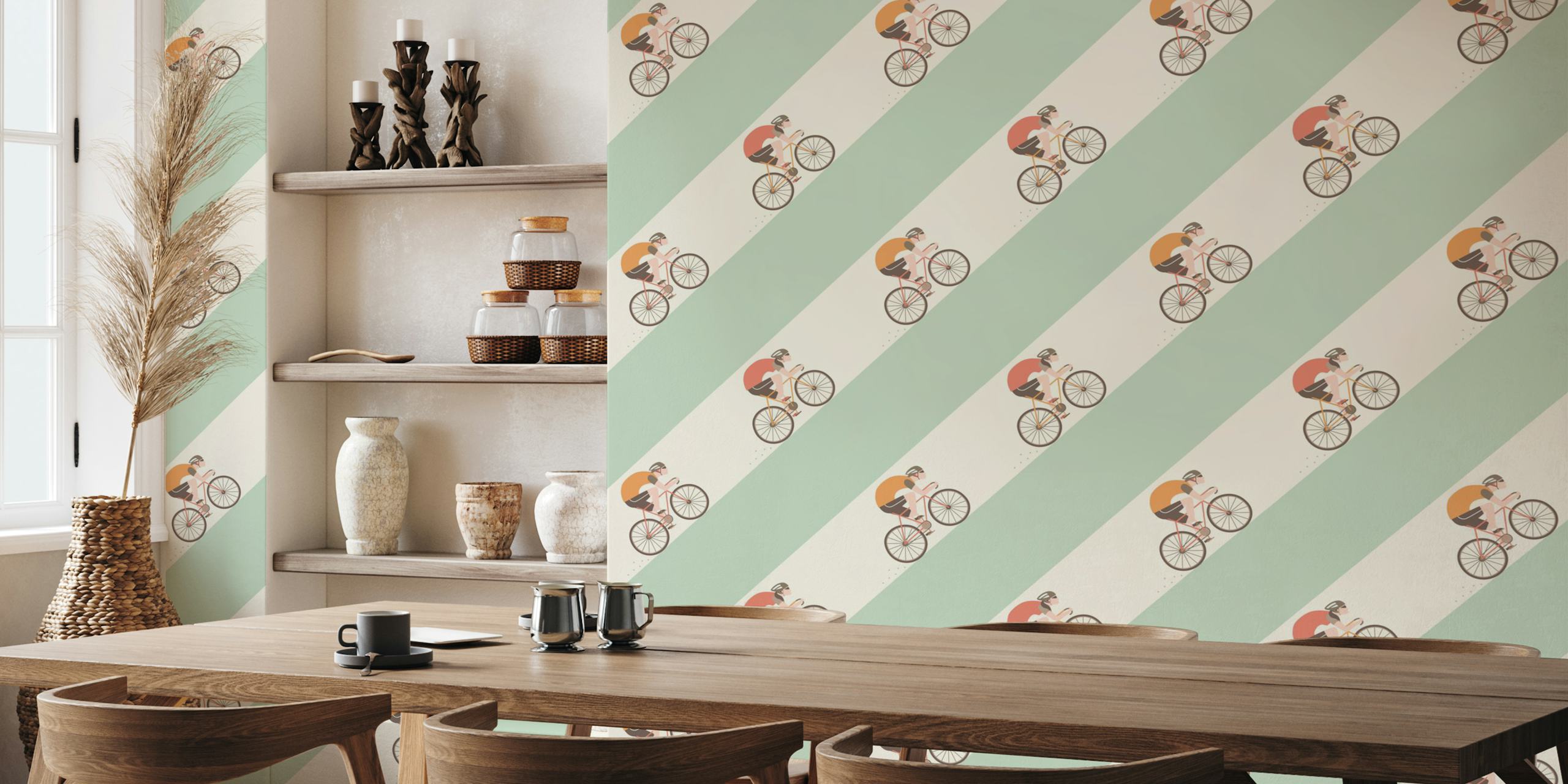 Cycling figures on stripes in cream and green wallpaper