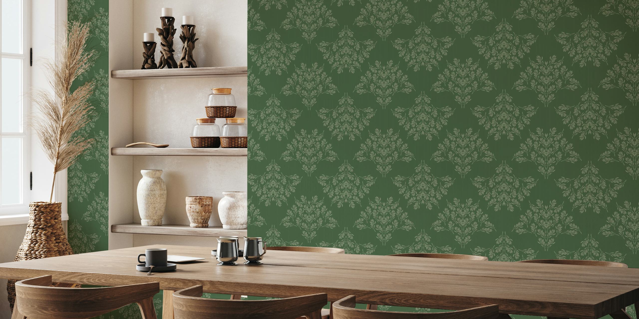 Leaf damask pattern in forest green and light green wallpaper