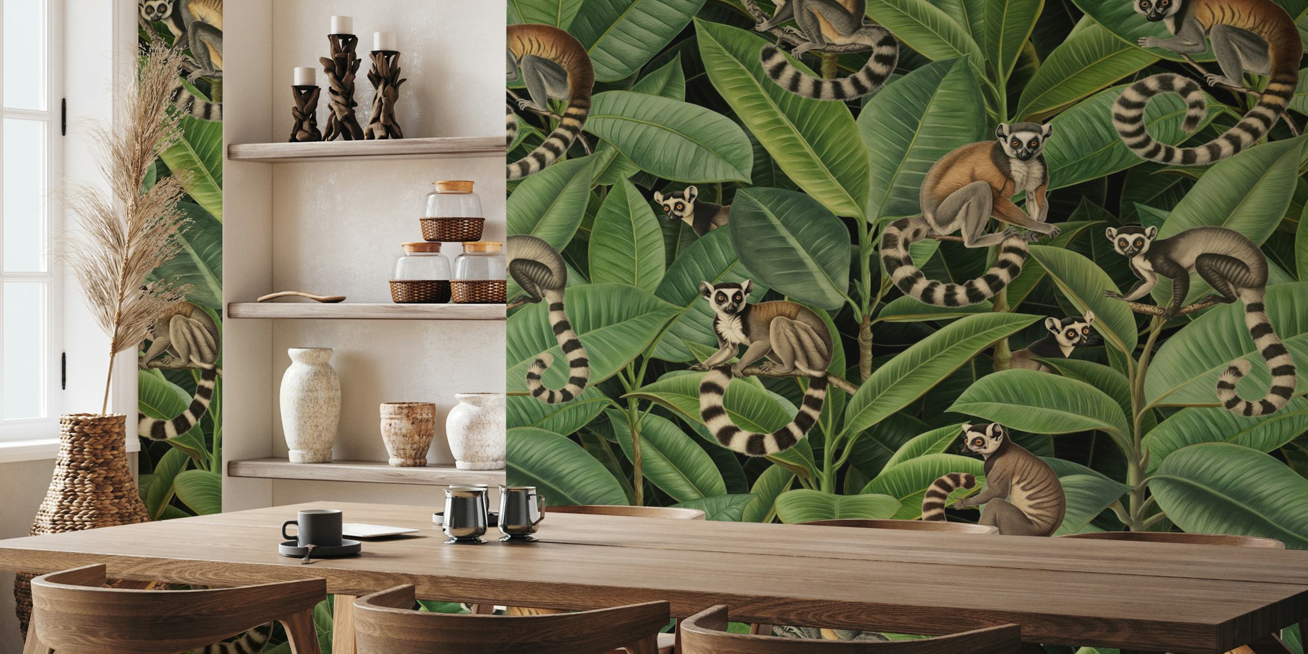 Lemurs sitting among lush green leaves in a tropical jungle wallpaper