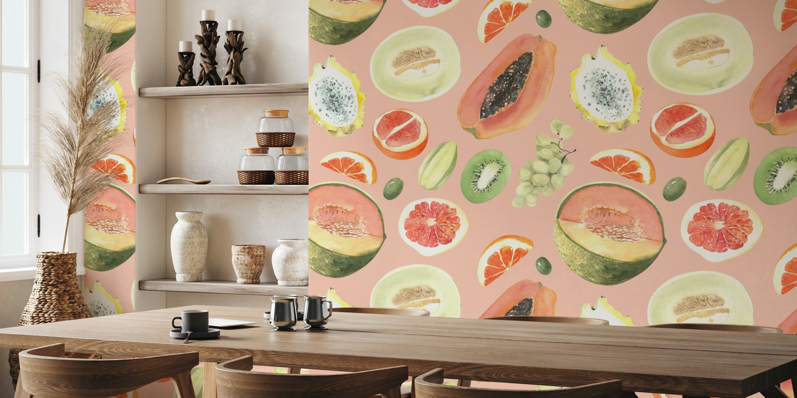 Vibrant Tropical Fruit Pattern on Pink w pokoju