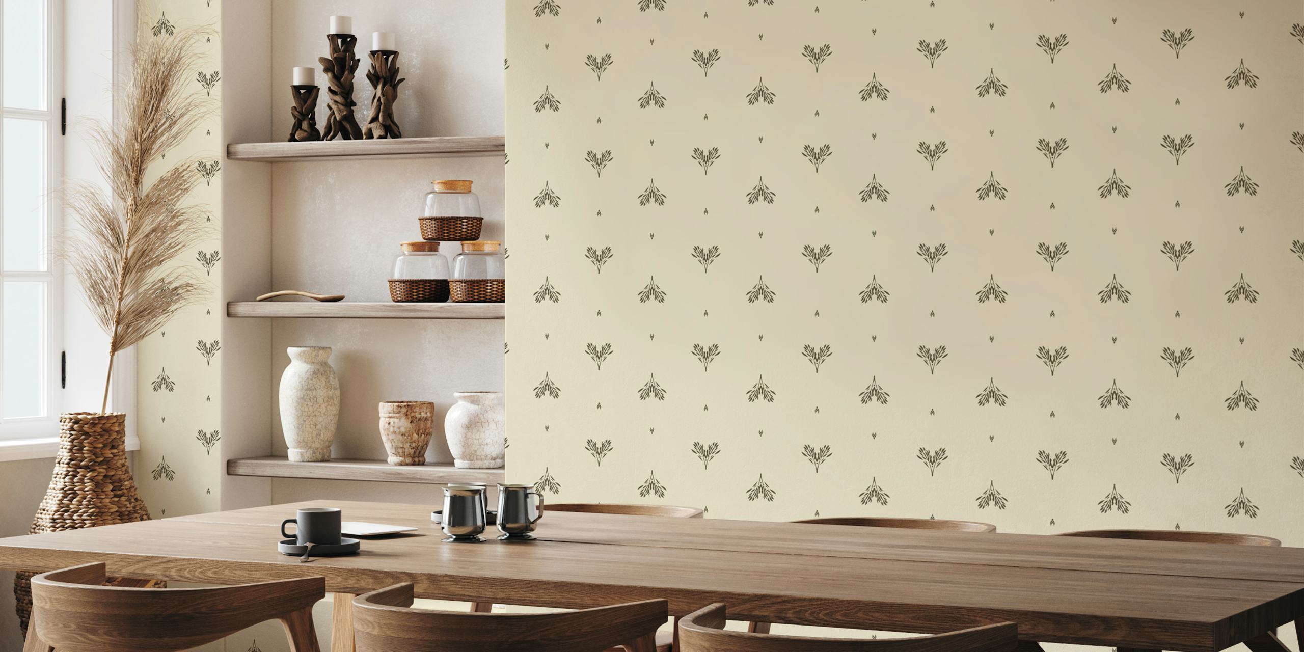Minimalist heart branches pattern in black on warm white wallpaper