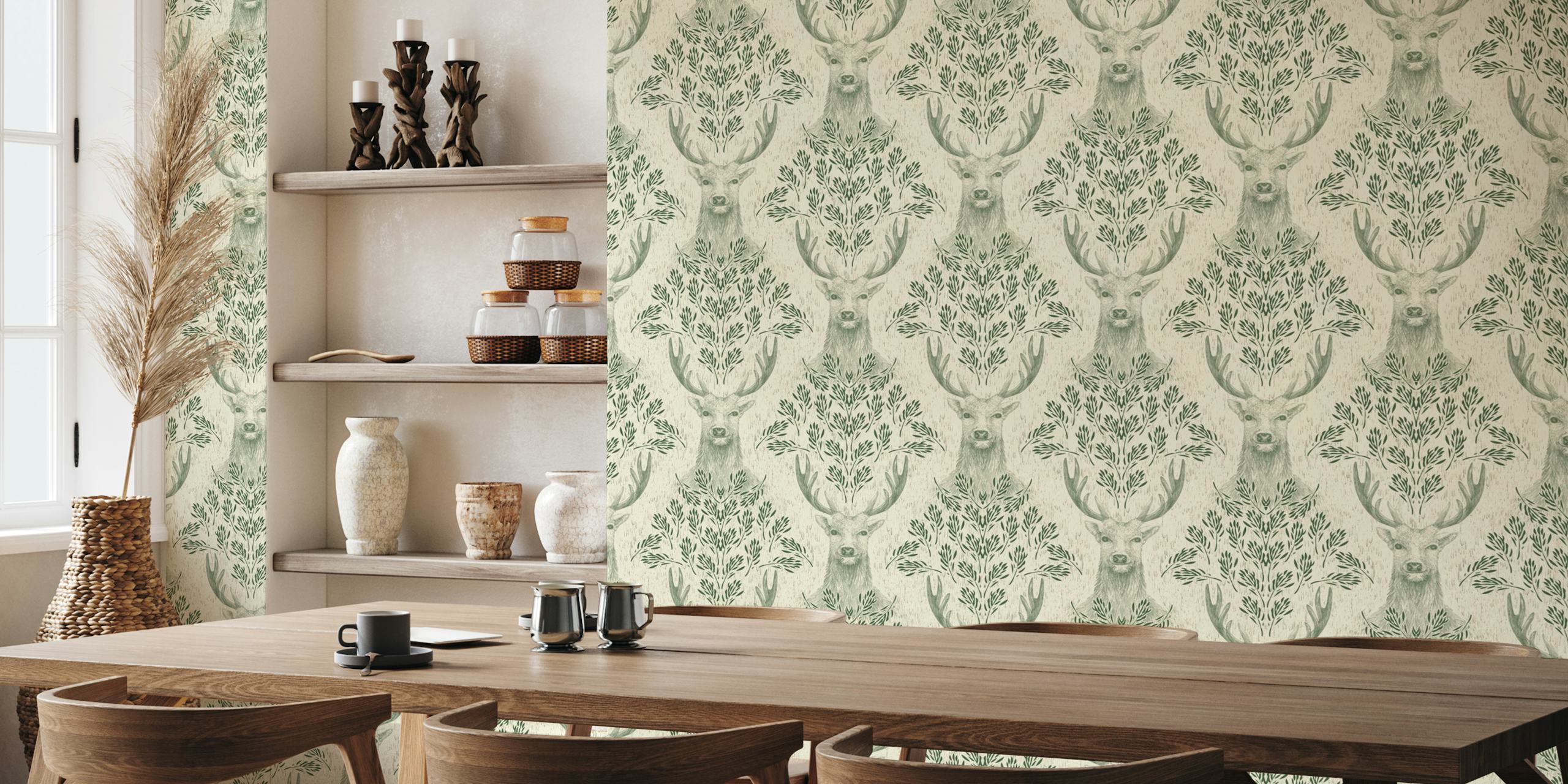 Deer in fern foliage wallpaper in a room