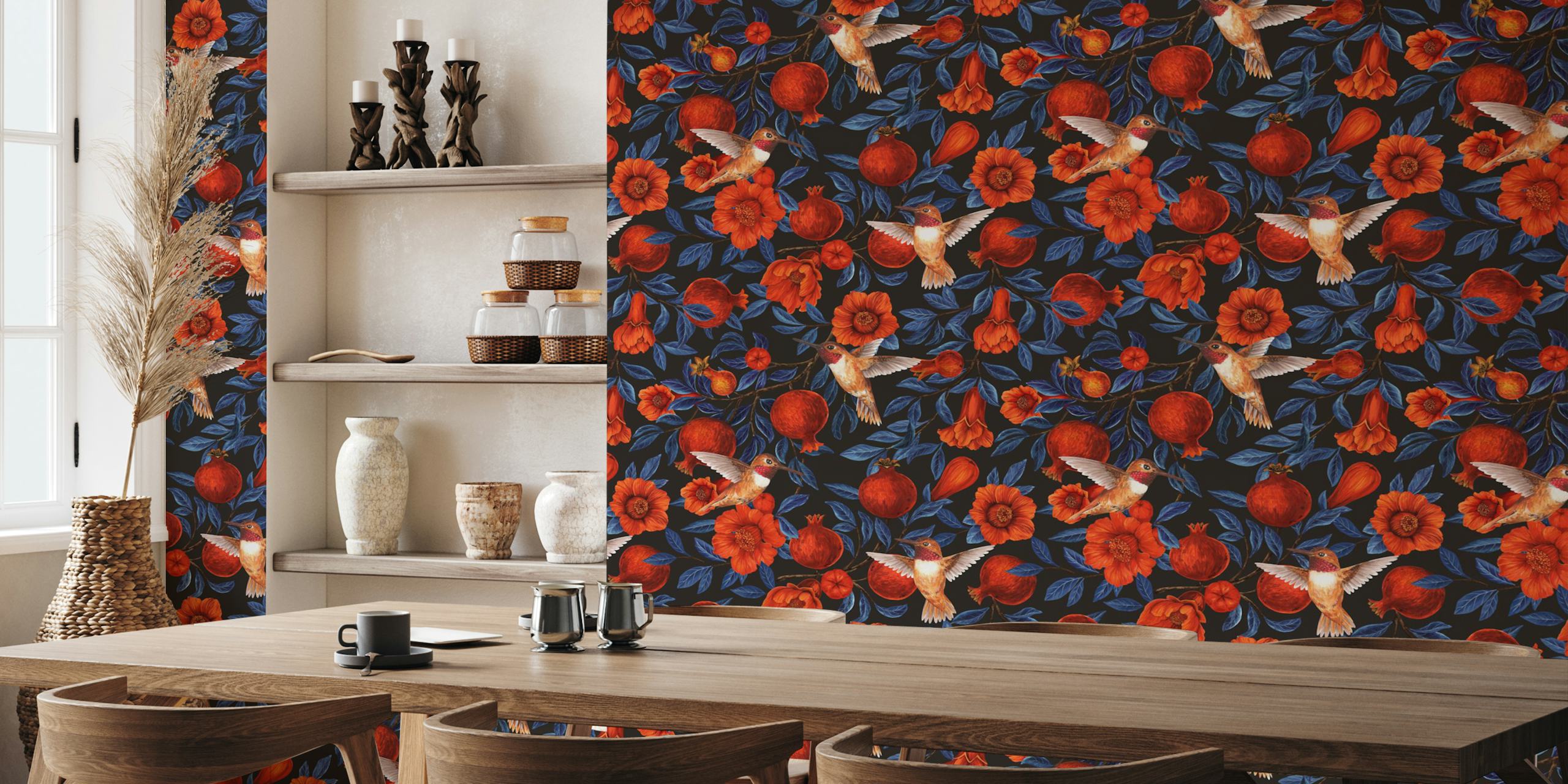 Pomegranates and hummingbirds on dark background wallpaper