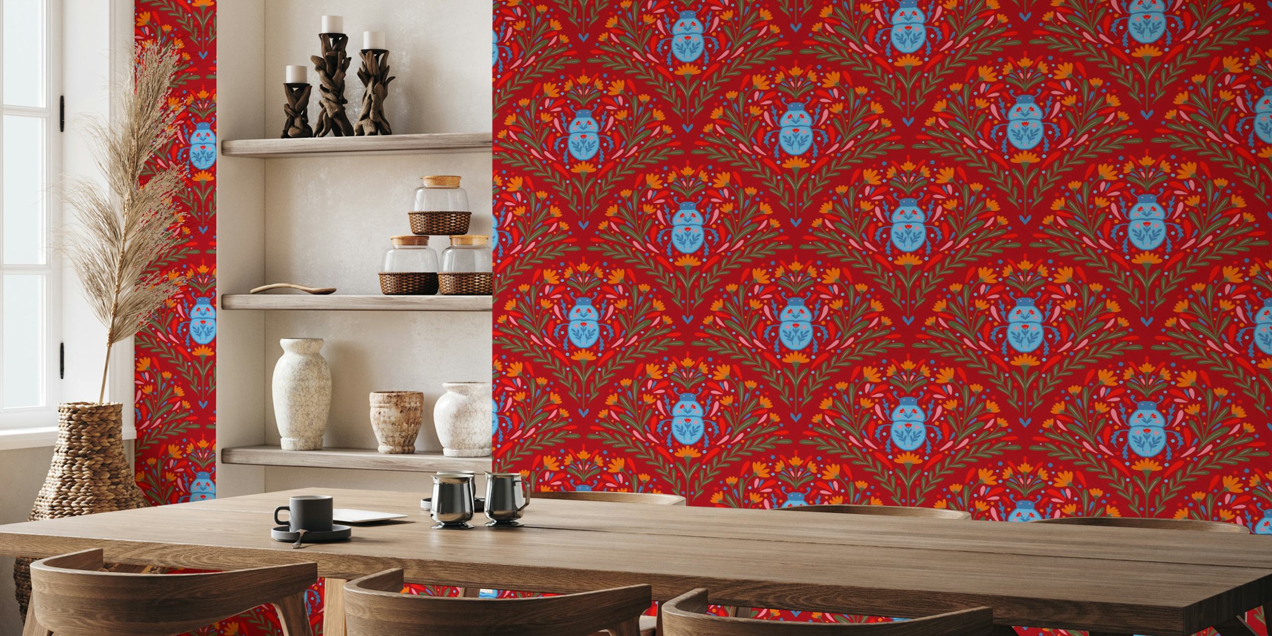 Red floral wallpaper with blue bugs and colorful flowers