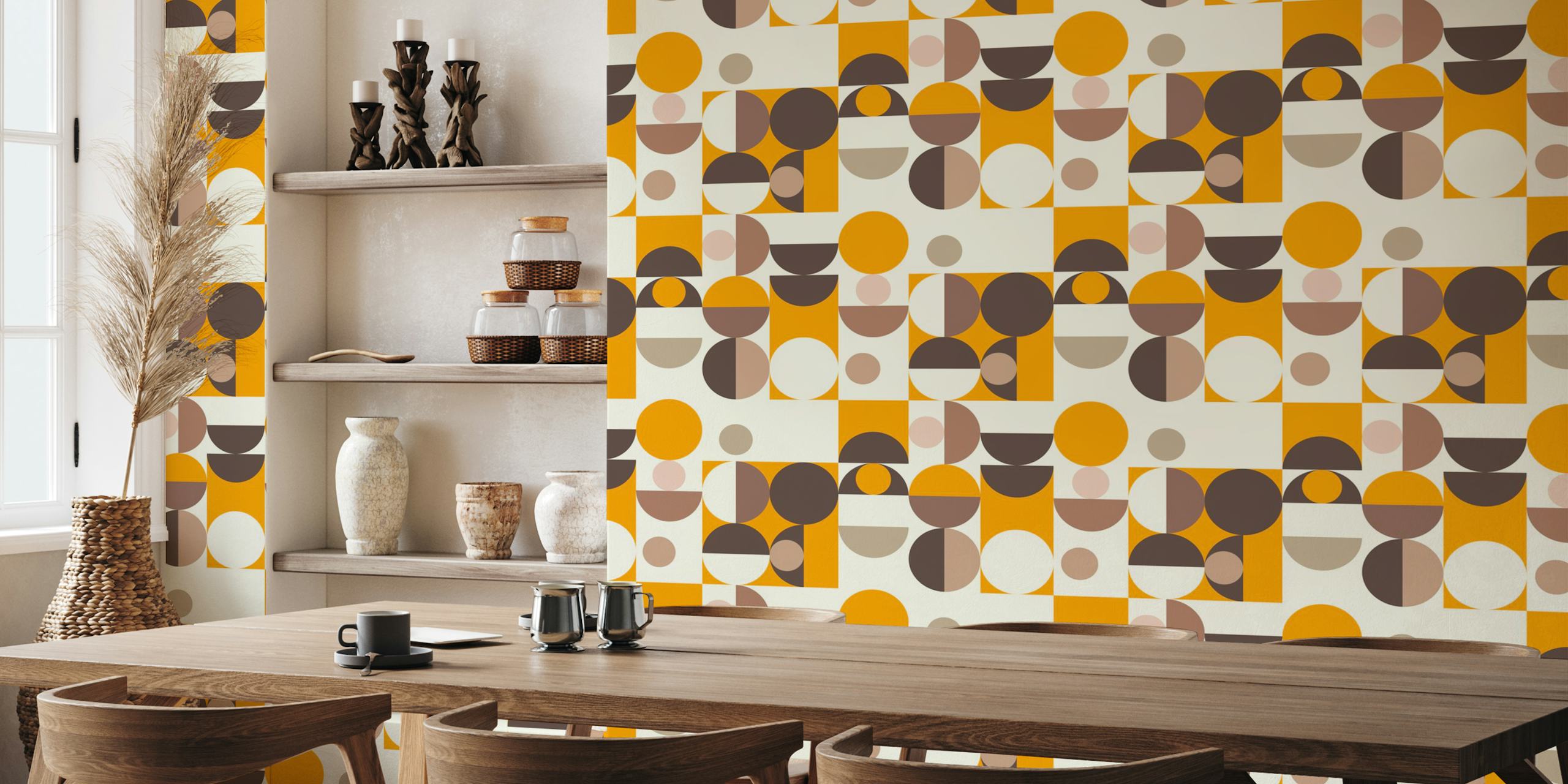 Geometric circle patterns in earthy tones orange, brown, beige wallpaper