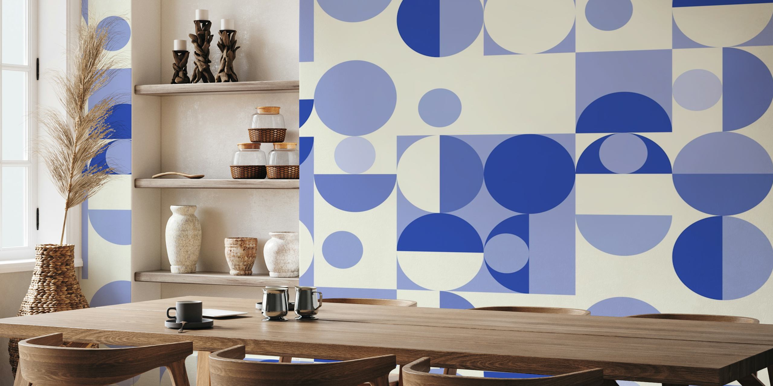 Bauhaus mid-century blue geometric wallpaper in a room