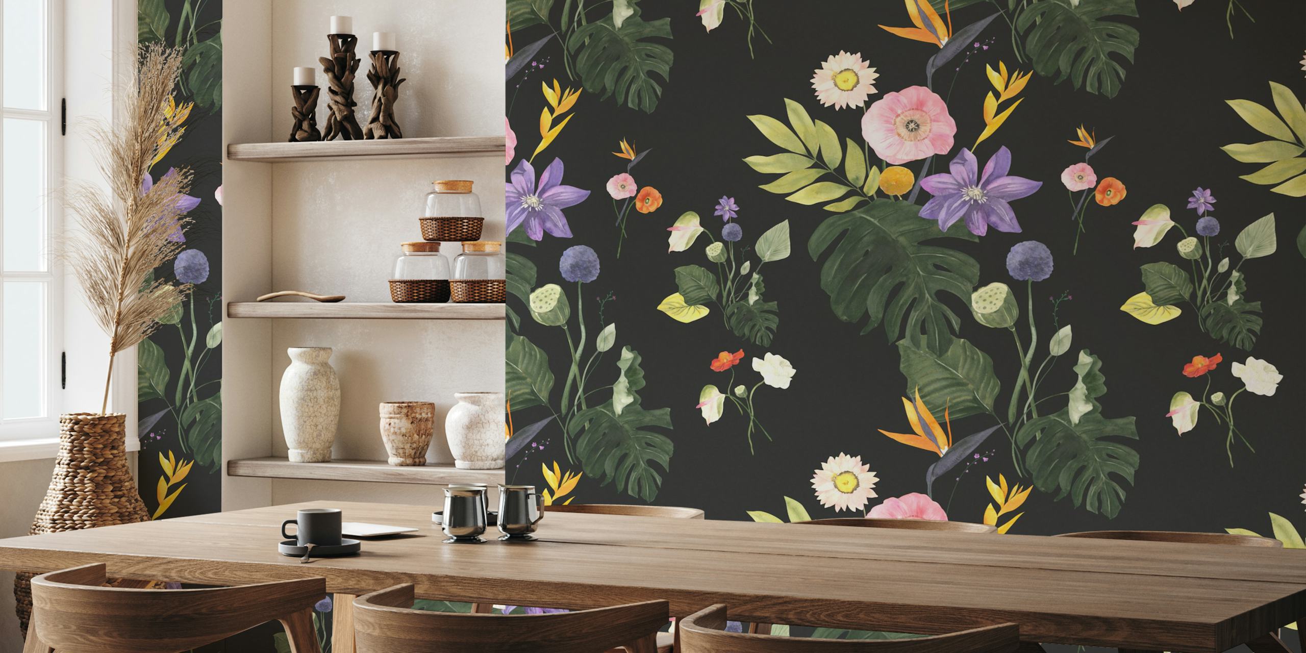 Colorful tropical flowers and leaves on black background wallpaper