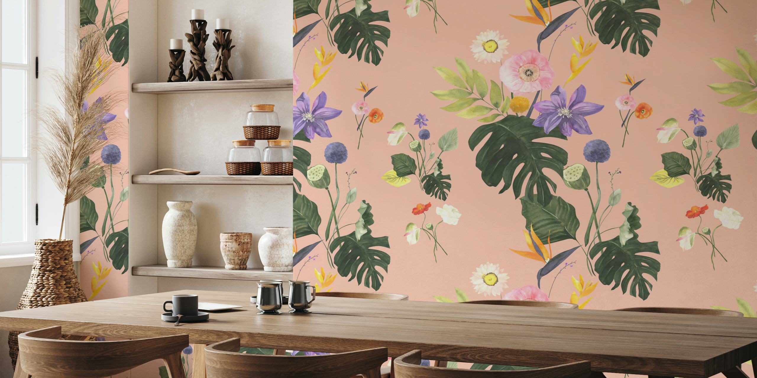Vibrant tropical floral wallpaper in a room