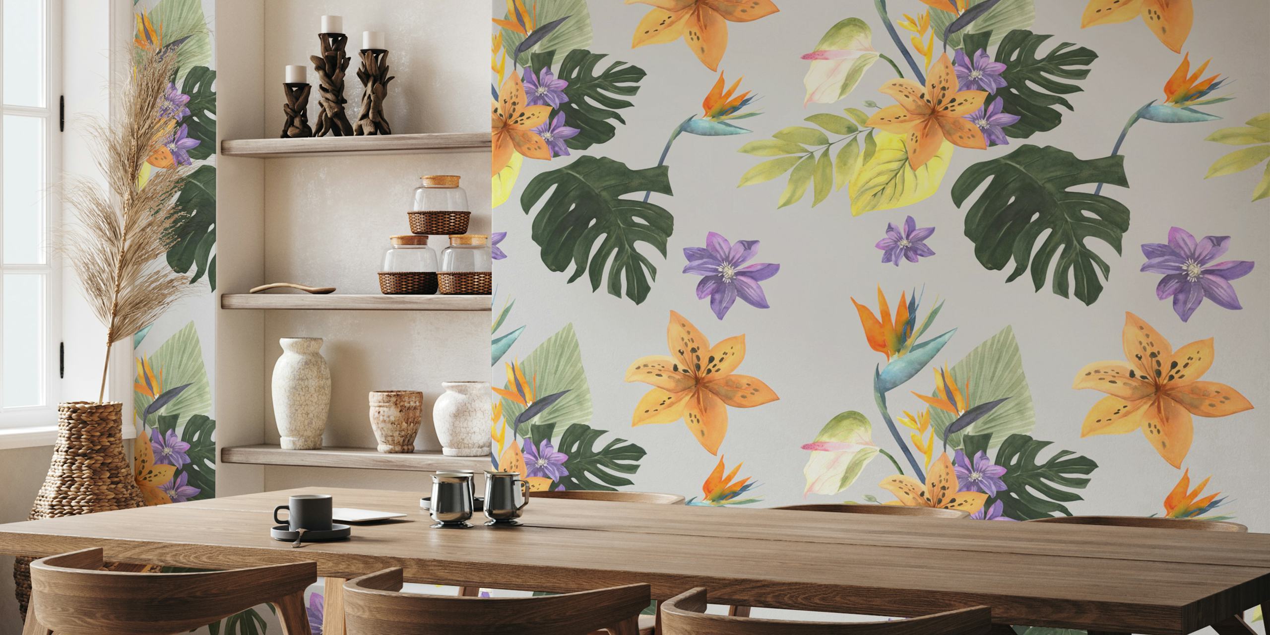 Exotic Floral Leaf Pattern behang in een kamer
