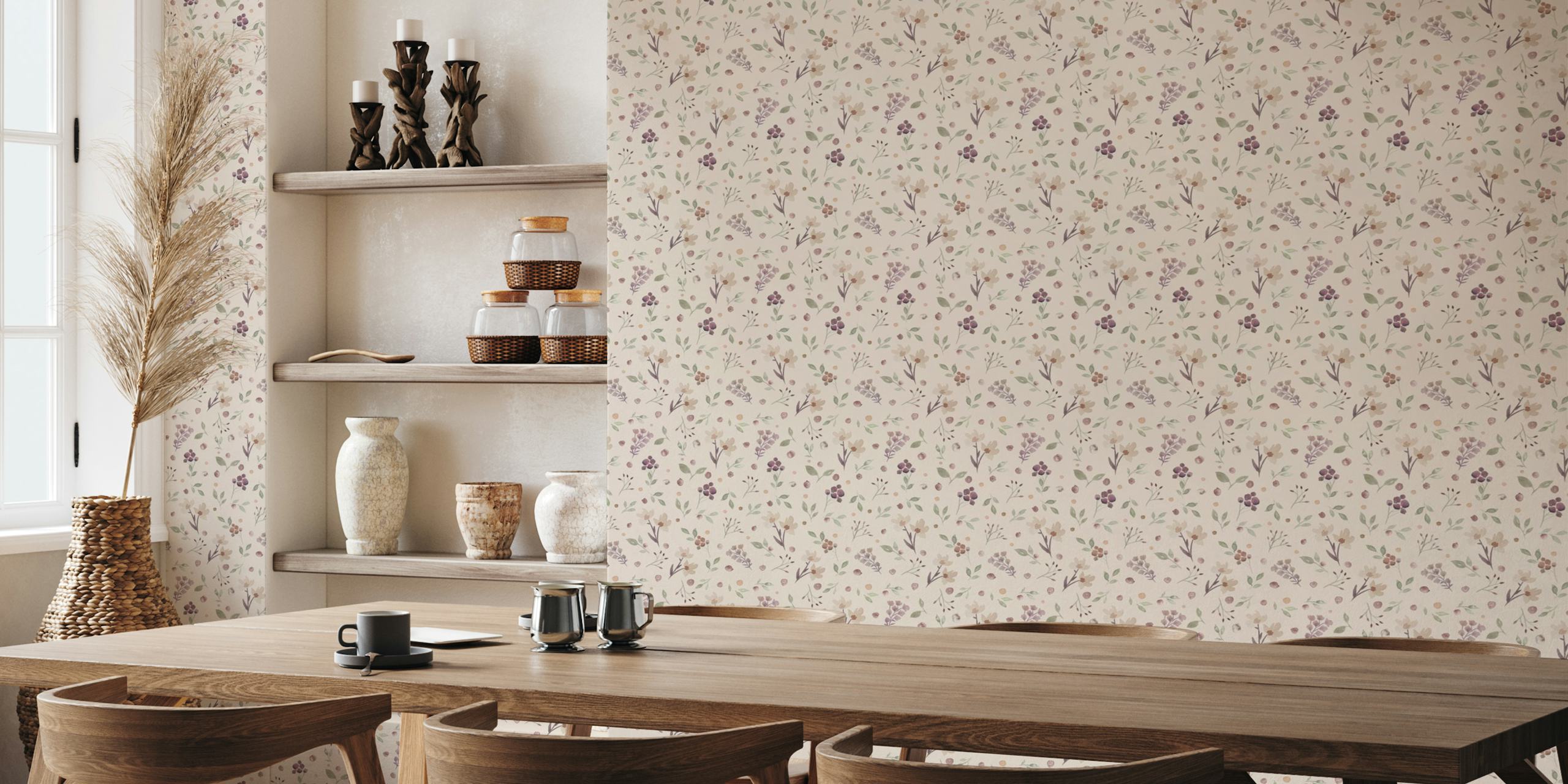 Beige floral wallpaper in a room setting