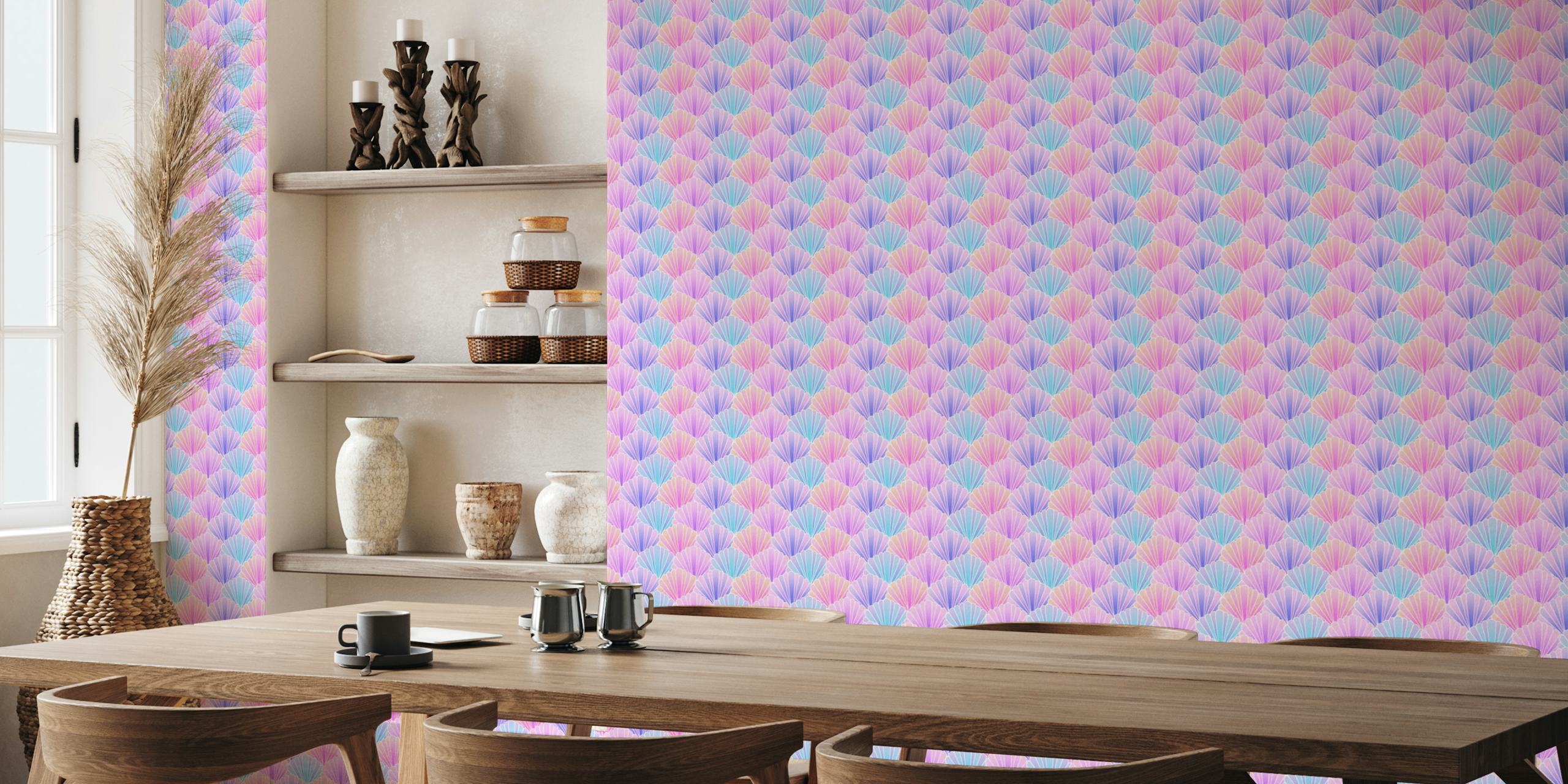 Pastel rainbow seashell scallop wallpaper in a room