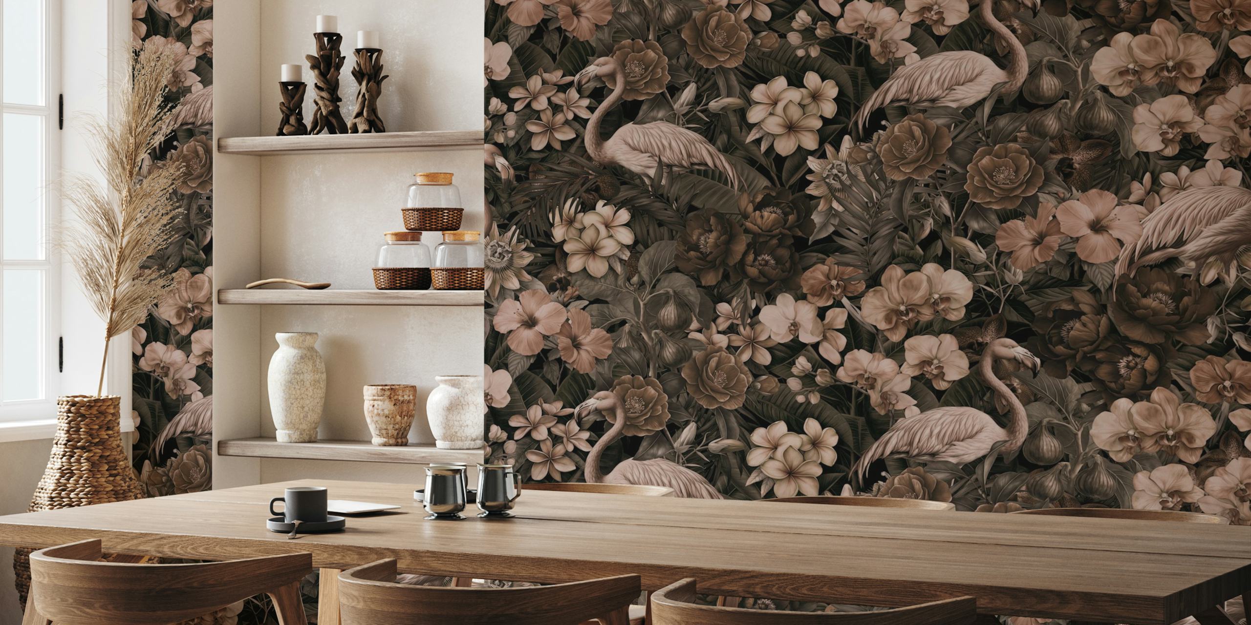 Moody Floral Tropical Flamingo Escape papel de parede em um quarto