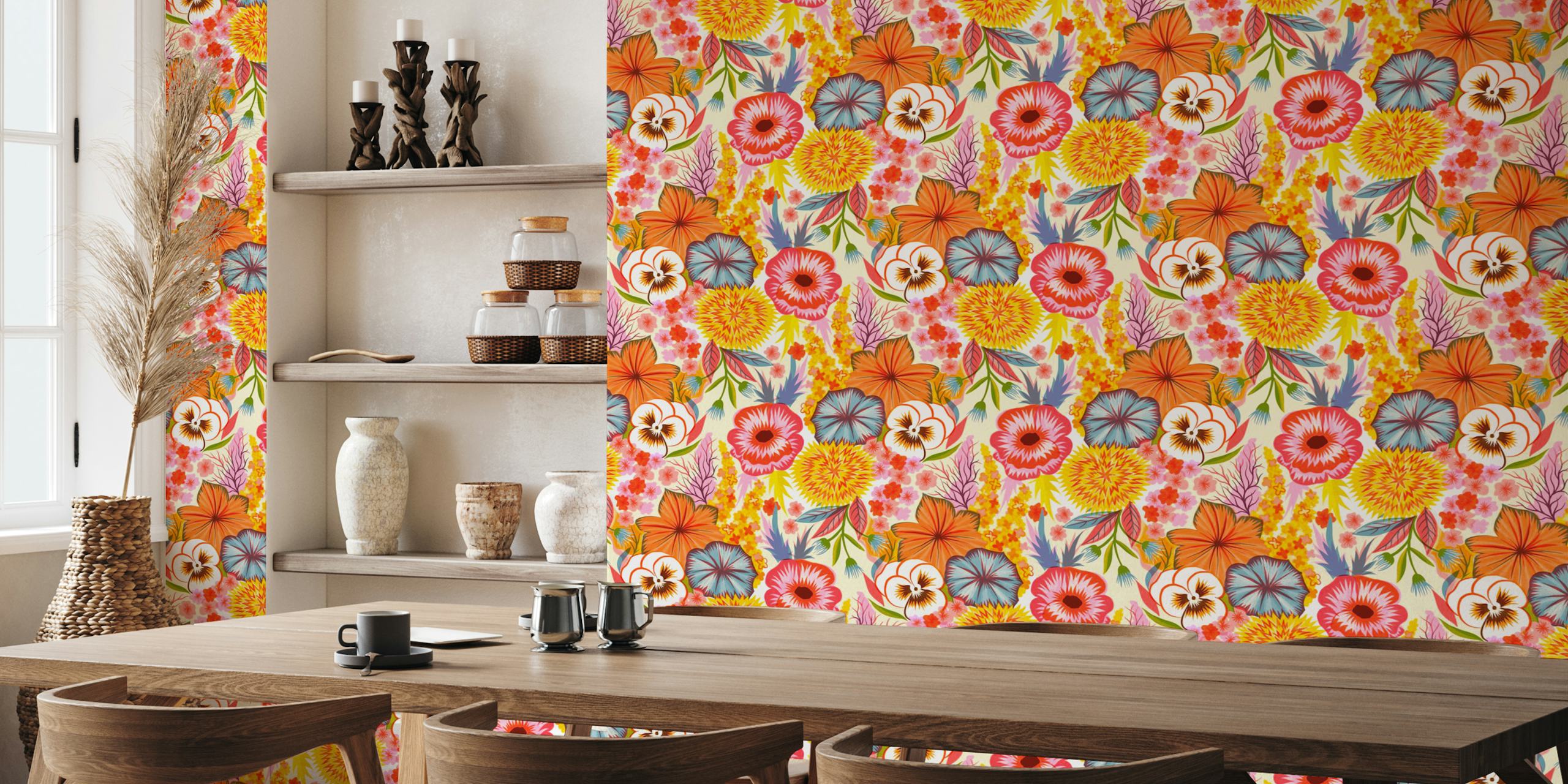 Colorful floral patterns in pink, orange, and yellow wallpaper