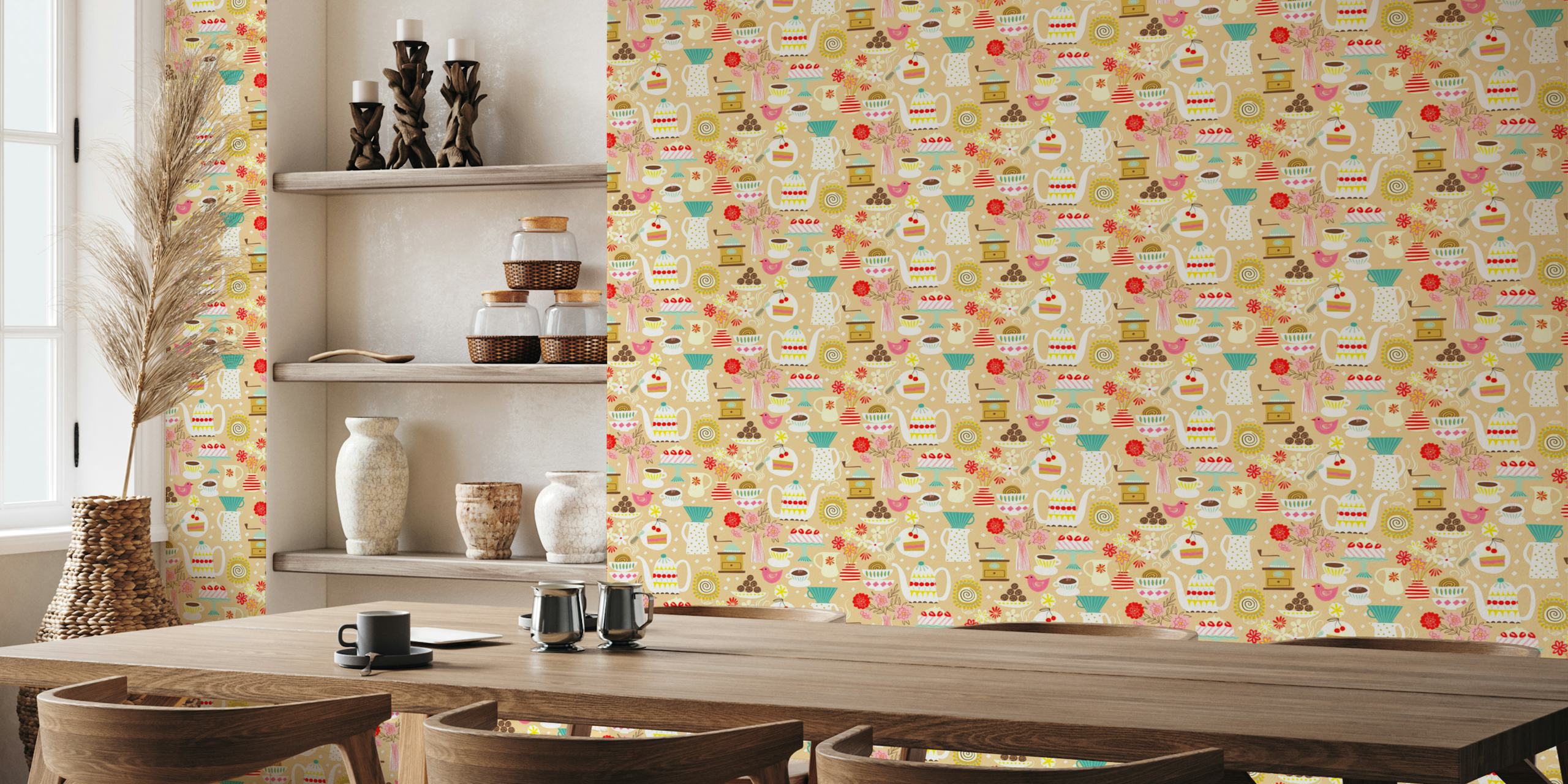 Teapots, cakes, and flowers on a brown background wallpaper