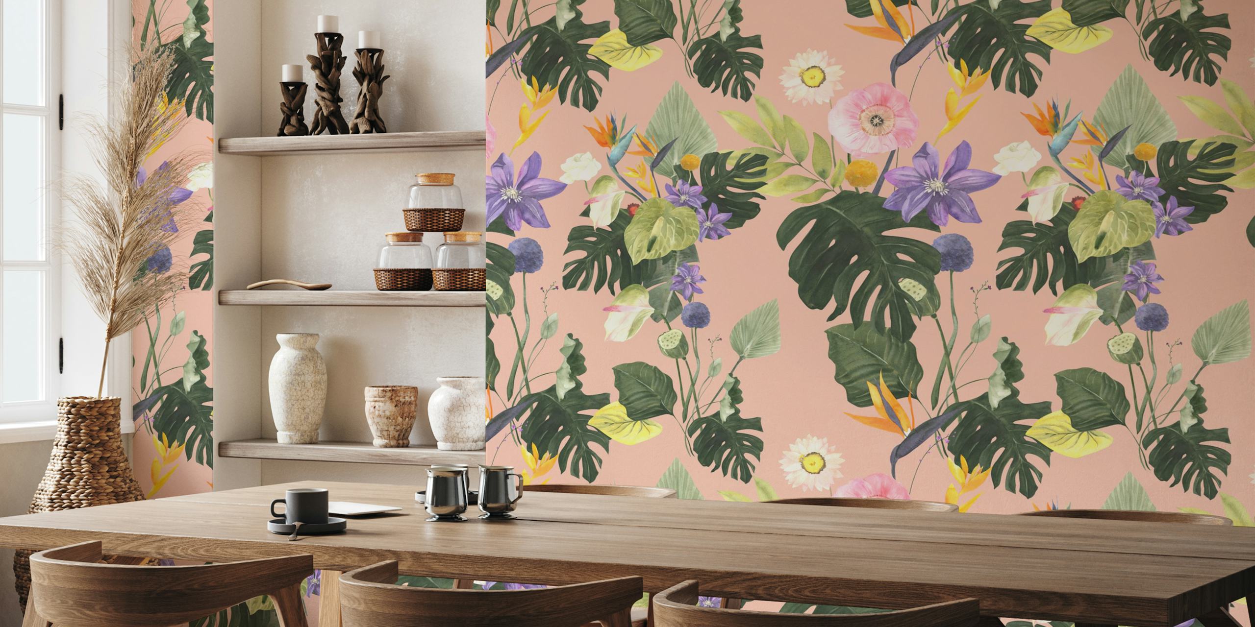 Tropical floral pattern on pink background, featuring colorful flowers and green leaves wallpaper