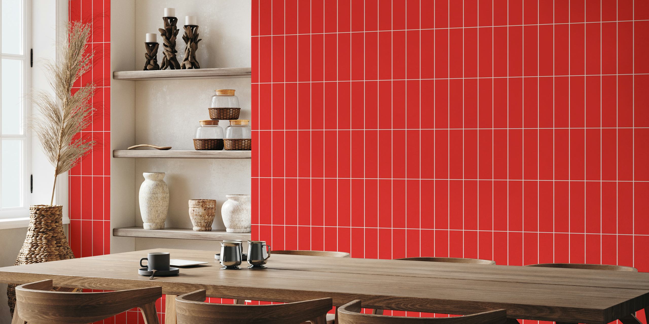 Red and white vertical grid pattern wallpaper