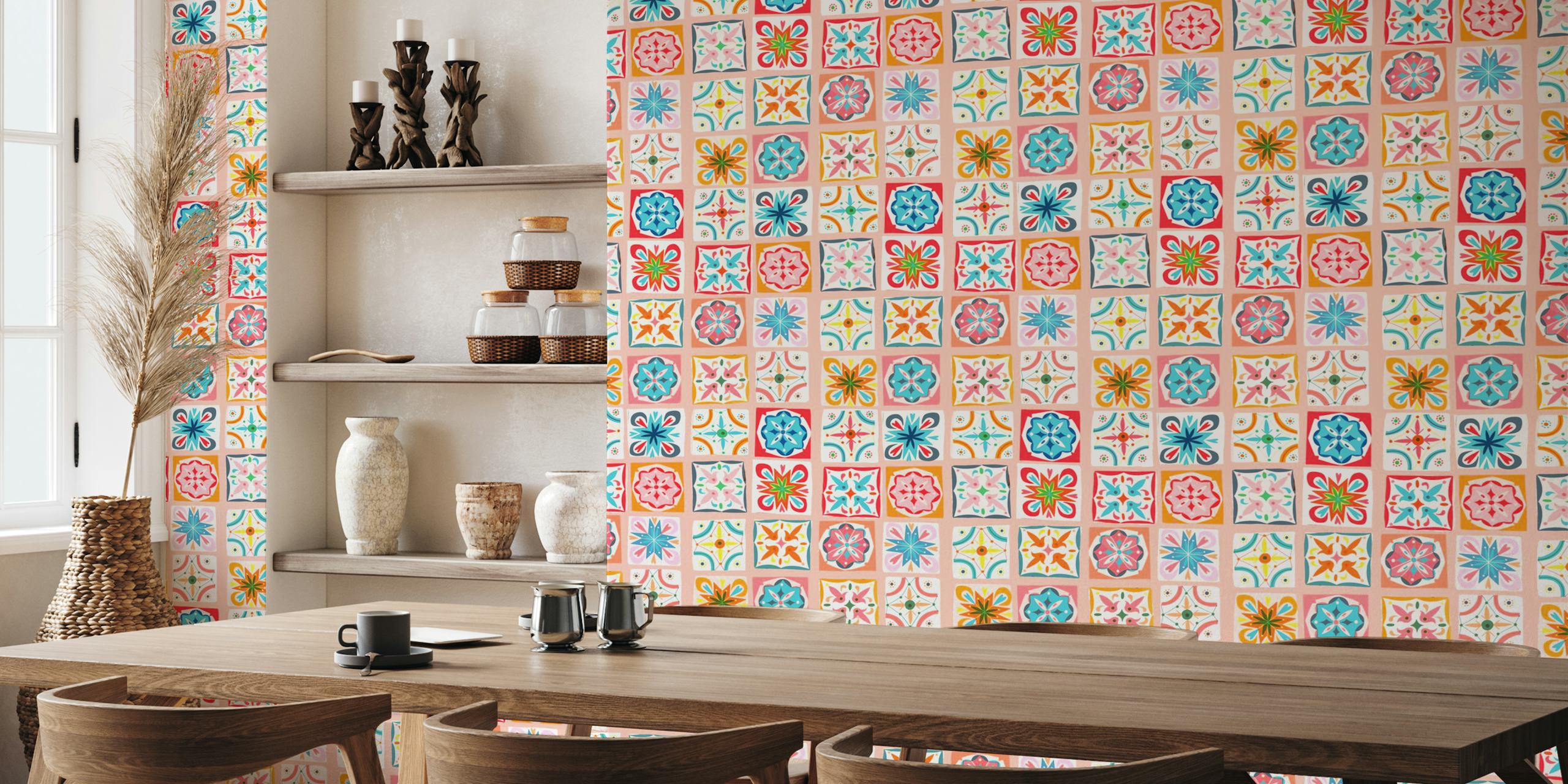Tapeta Checkers azulejos pastel rose v pokoji