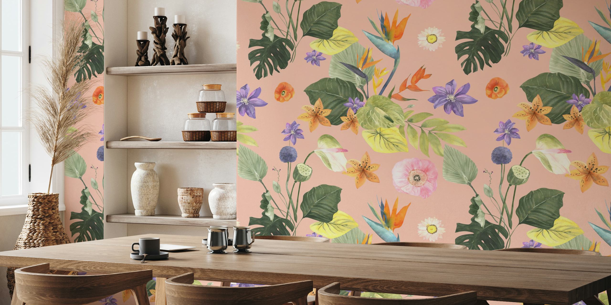 Tropical flowers and leaves pattern in vibrant colors wallpaper