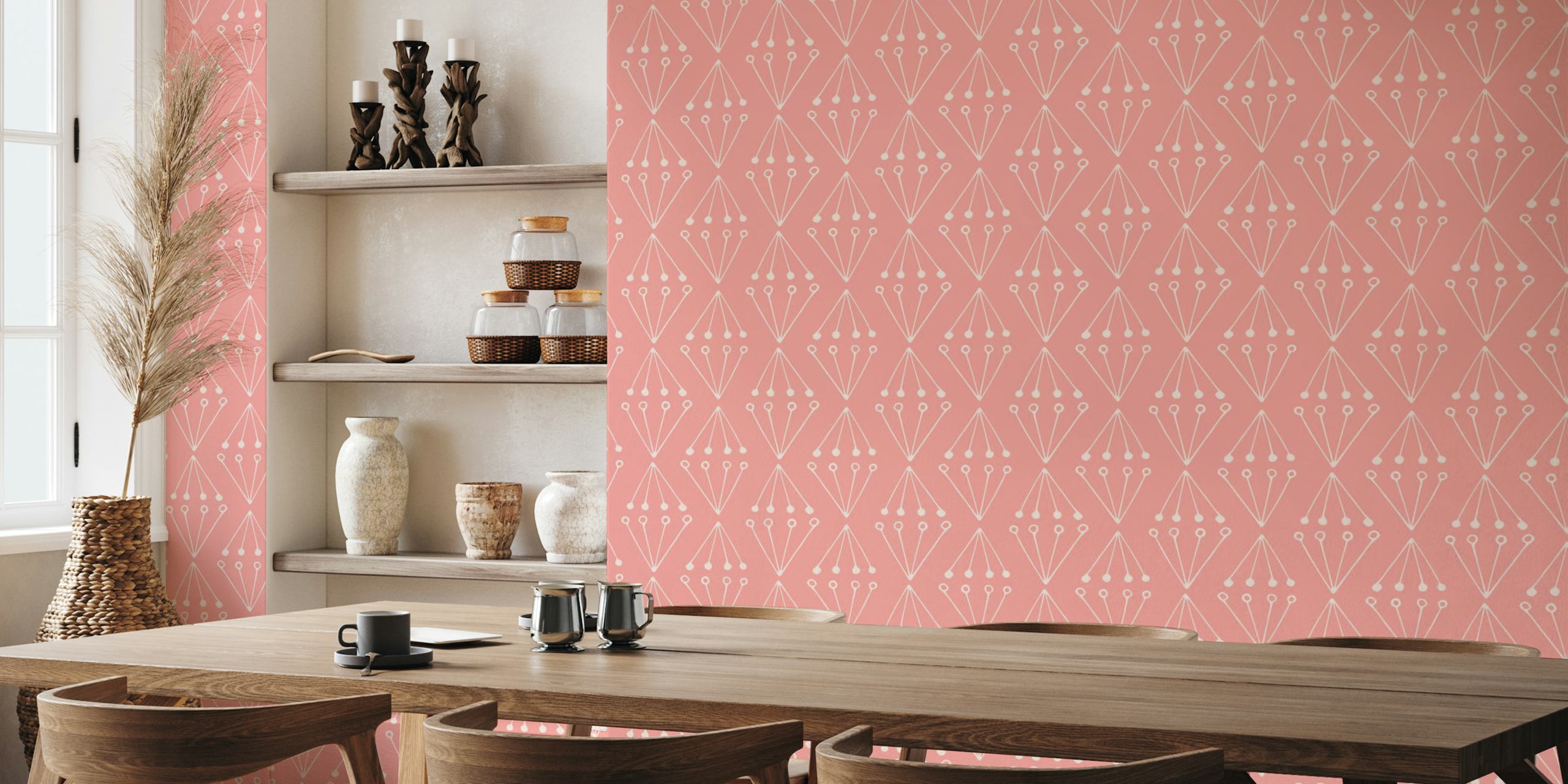 Geometric abstract pattern with pink background and cream shapes wallpaper