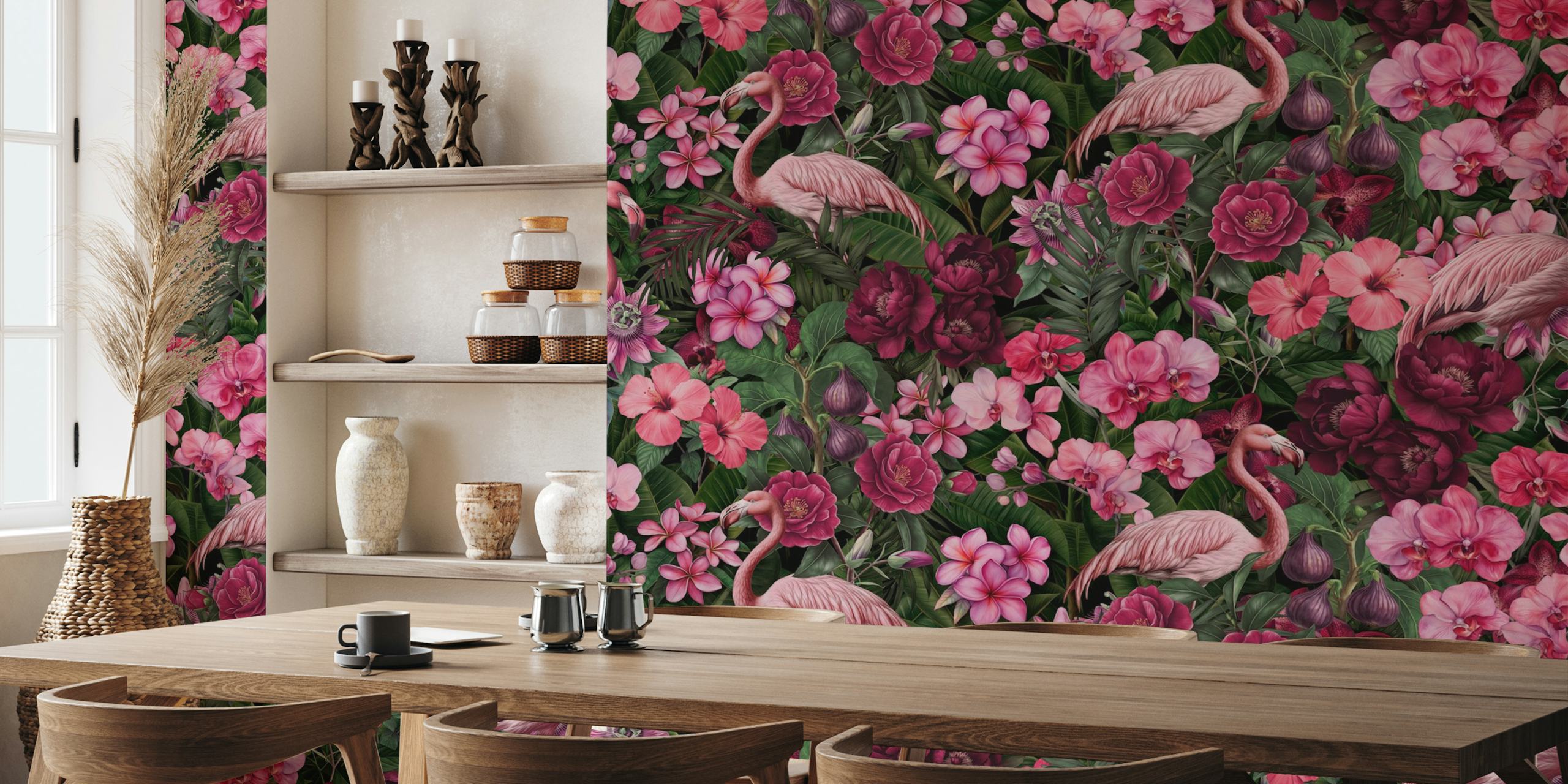 Flamingo floral wallpaper in room setting