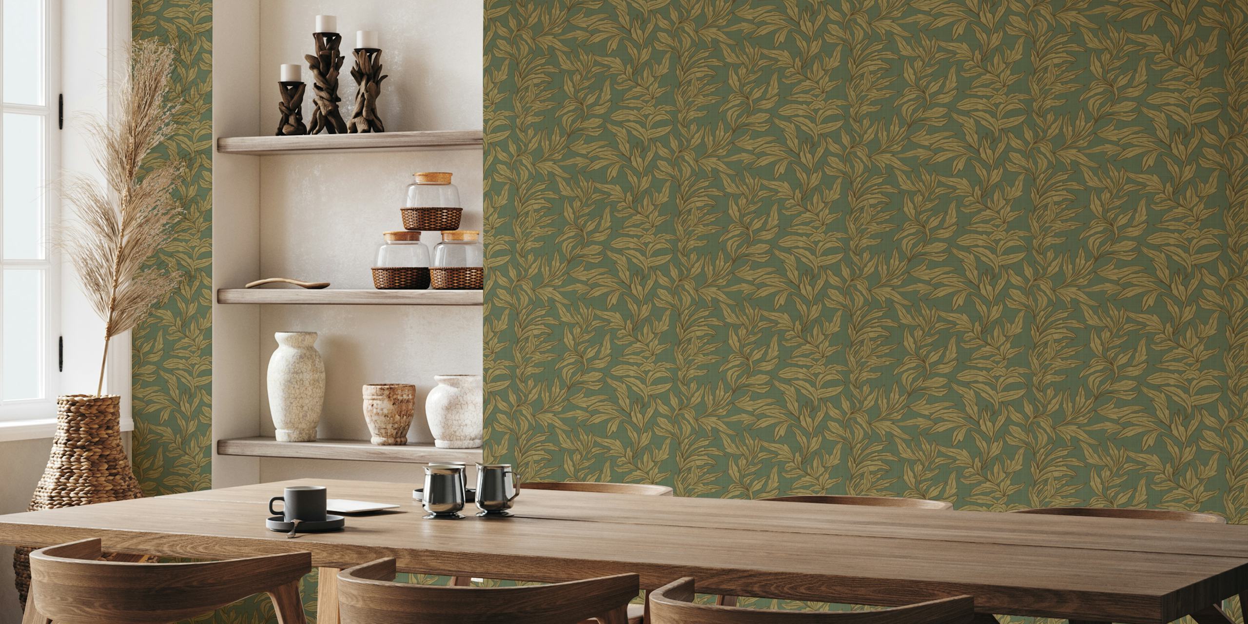 Olive garden leaves wallpaper in a room