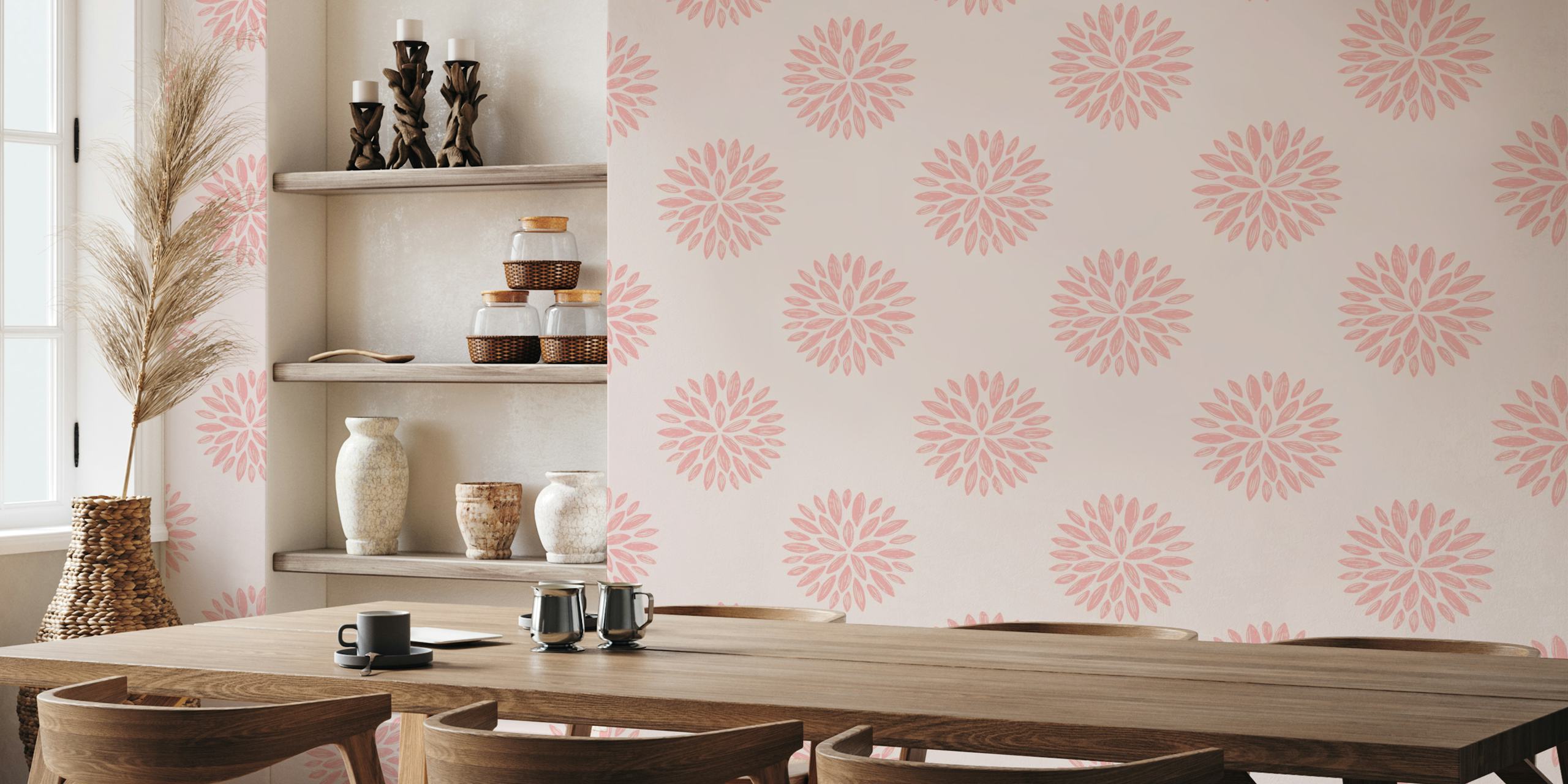 Delicate Floral Coral Rose wallpaper in a room