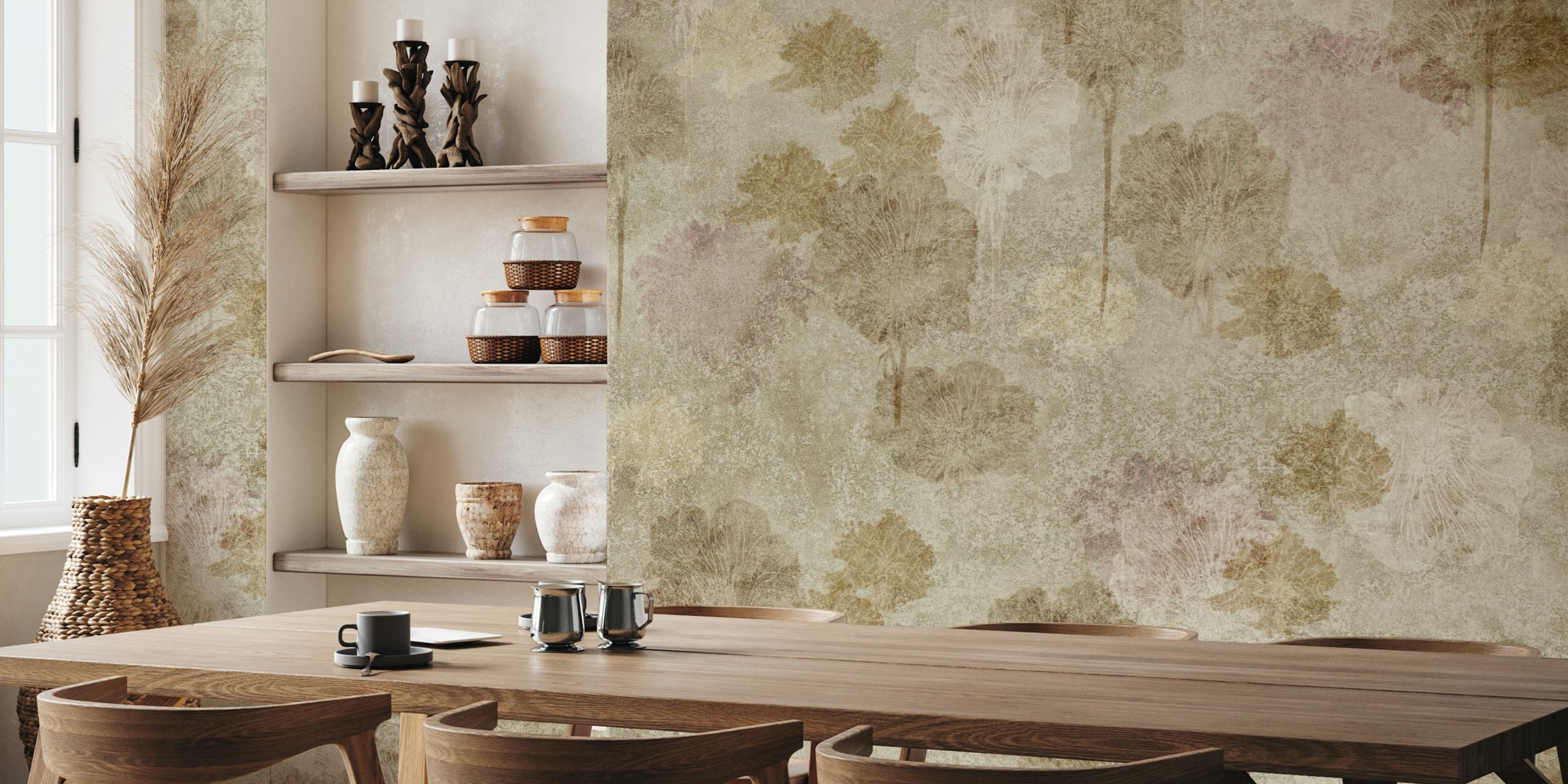 Muted floral tree silhouettes in beige and pastel shades wallpaper
