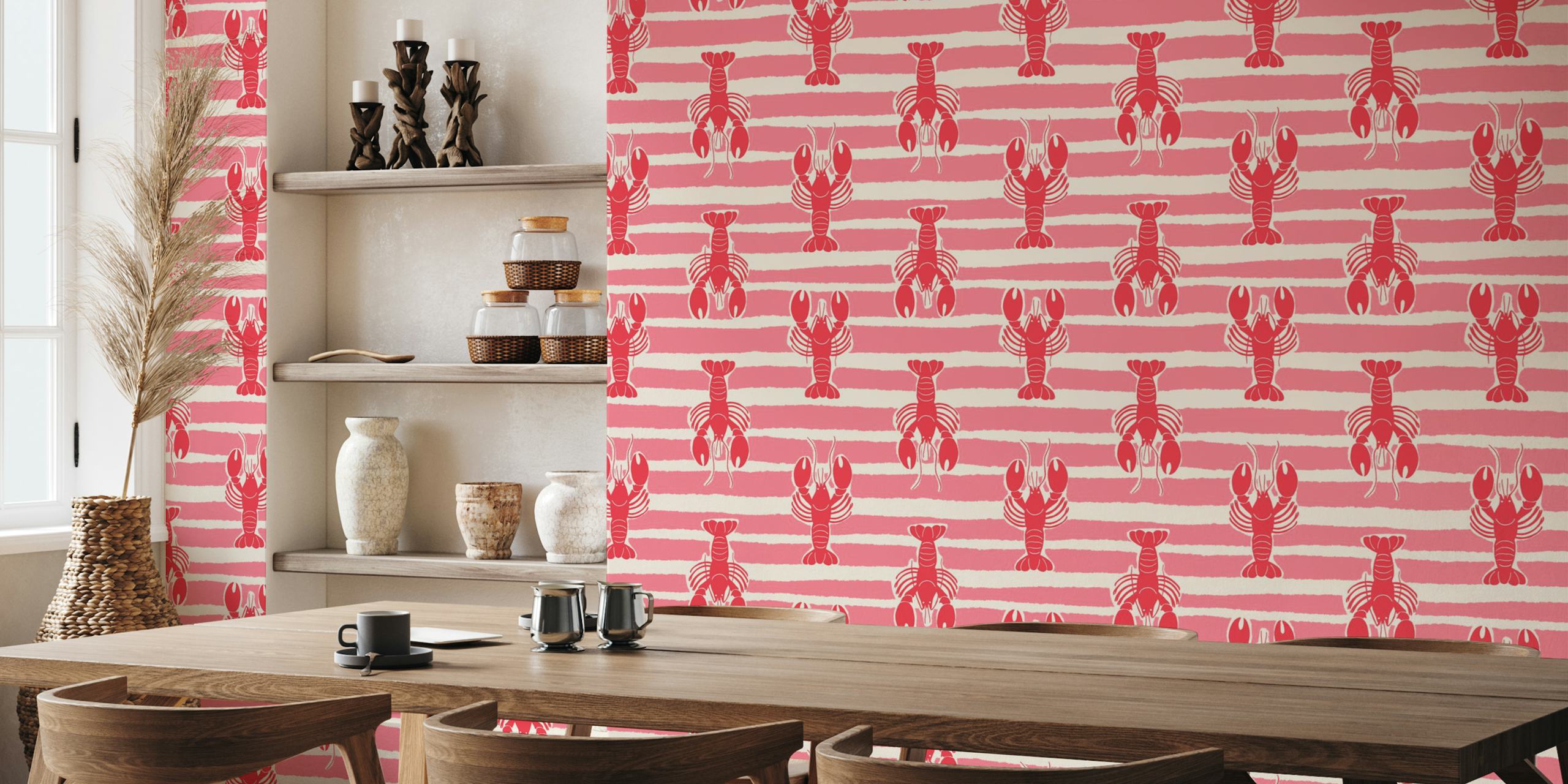Lobster Stripe Beach House Fun - Pink & Red tapet i en rumsmiljö