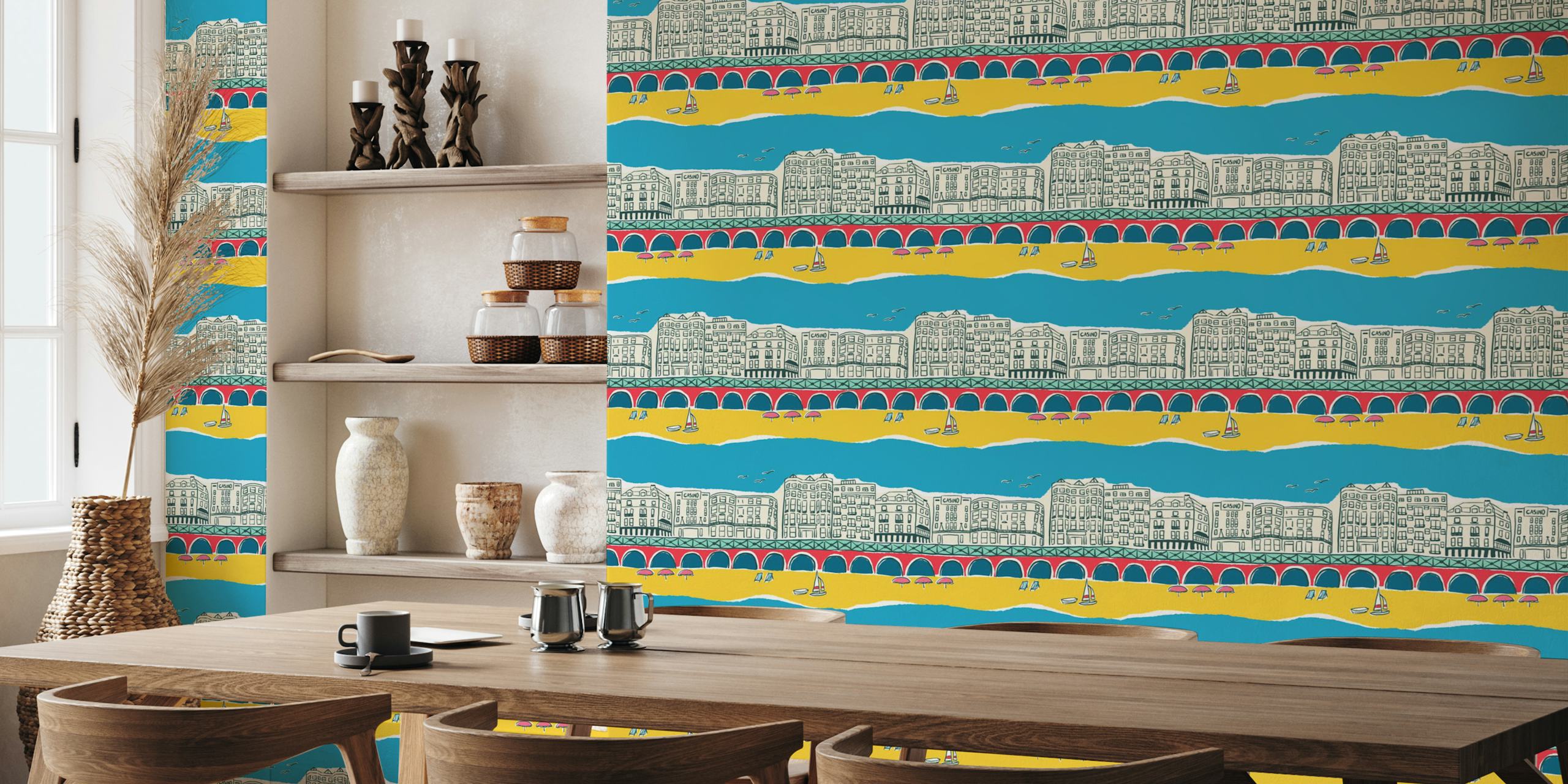 Brighton Beach seaside scene with colorful buildings, blue sky, and yellow sand wallpaper