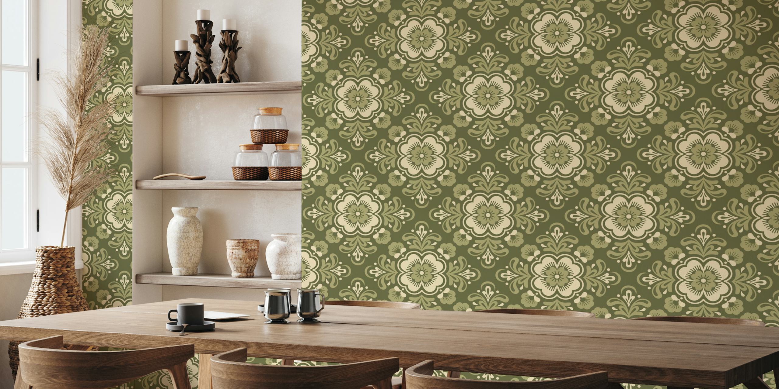 Ornate Floral Mandalas Pattern tapet i sage green