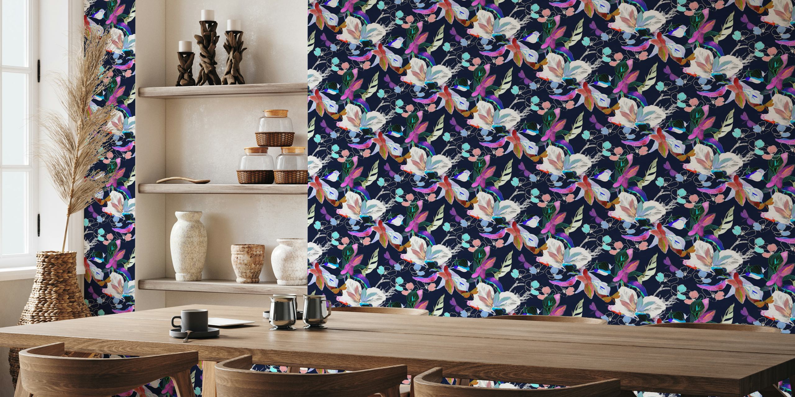 Colorful blooming flowers on navy background wallpaper