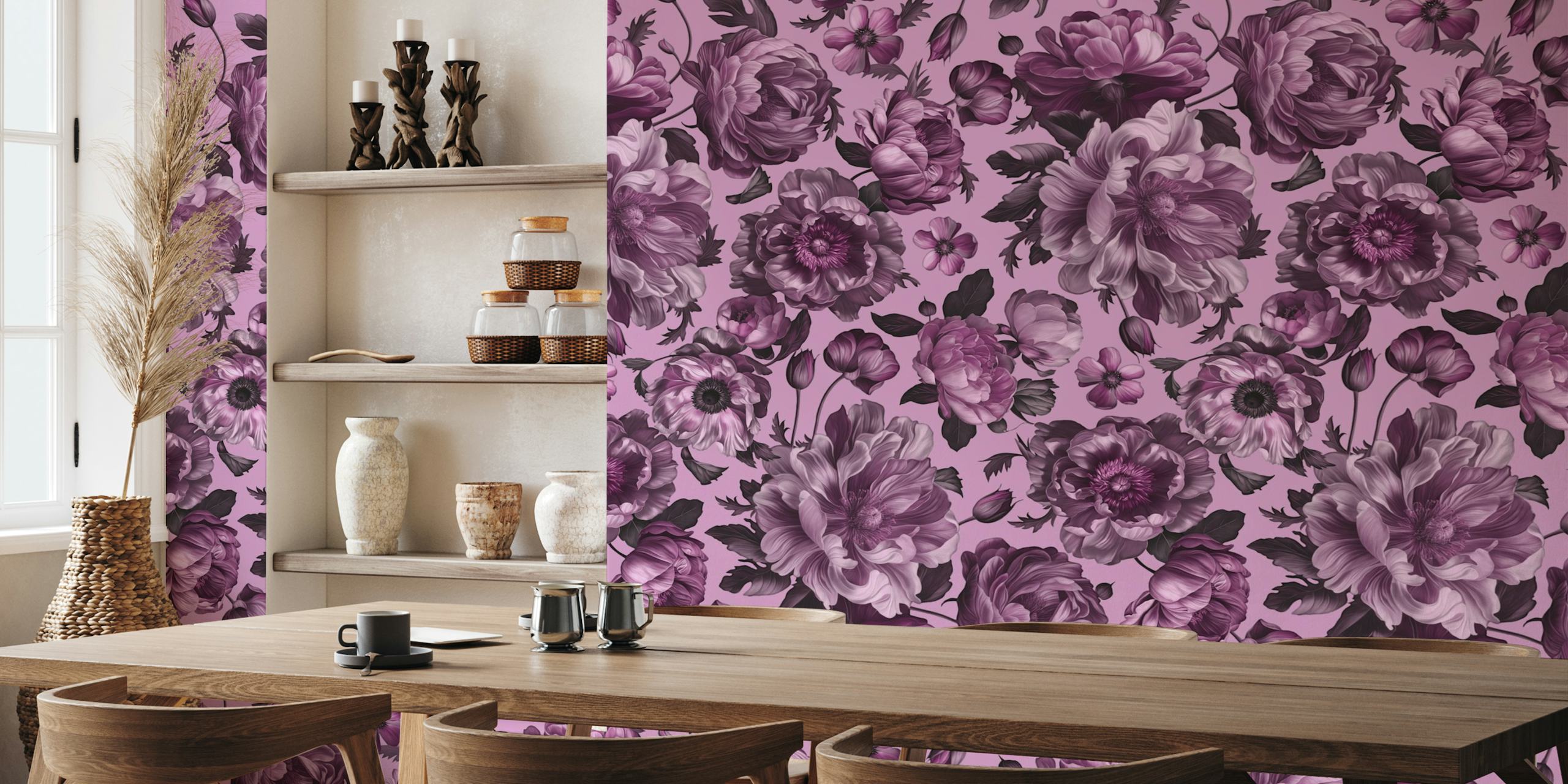 Ταπετσαρία Dark Academia Pink Baroque Flower σε ένα δωμάτιο