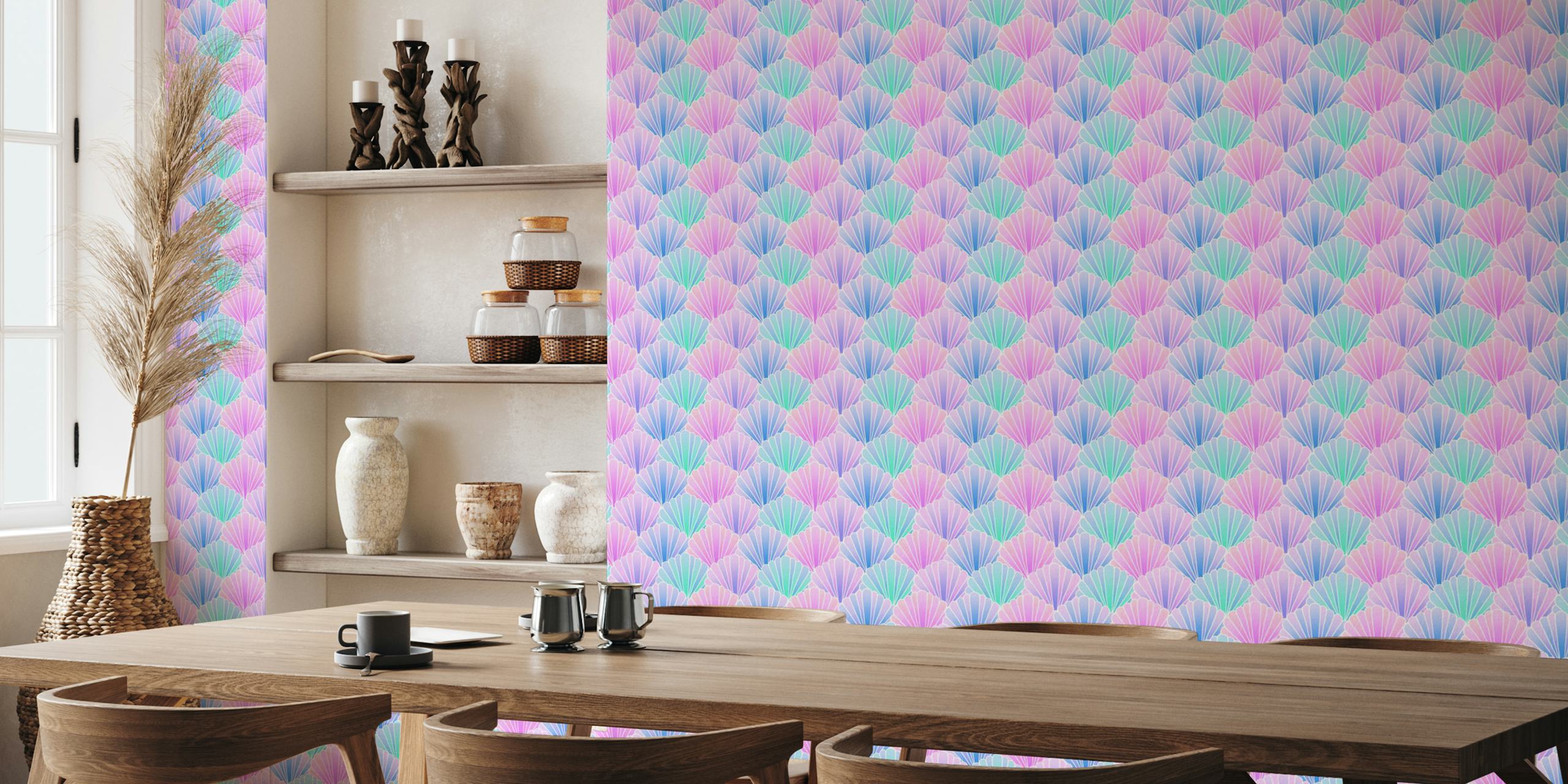 Pastel seashell wallpaper in a styled room