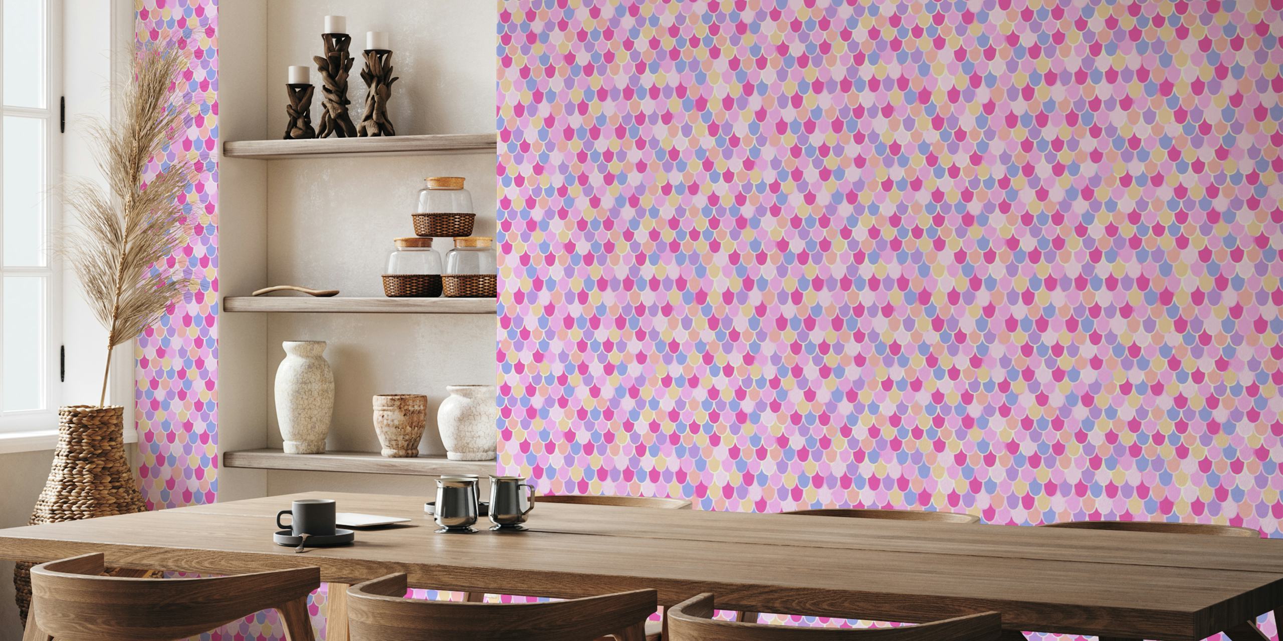 Pastel mermaid scale pattern in pink, purple, and blue colors wallpaper