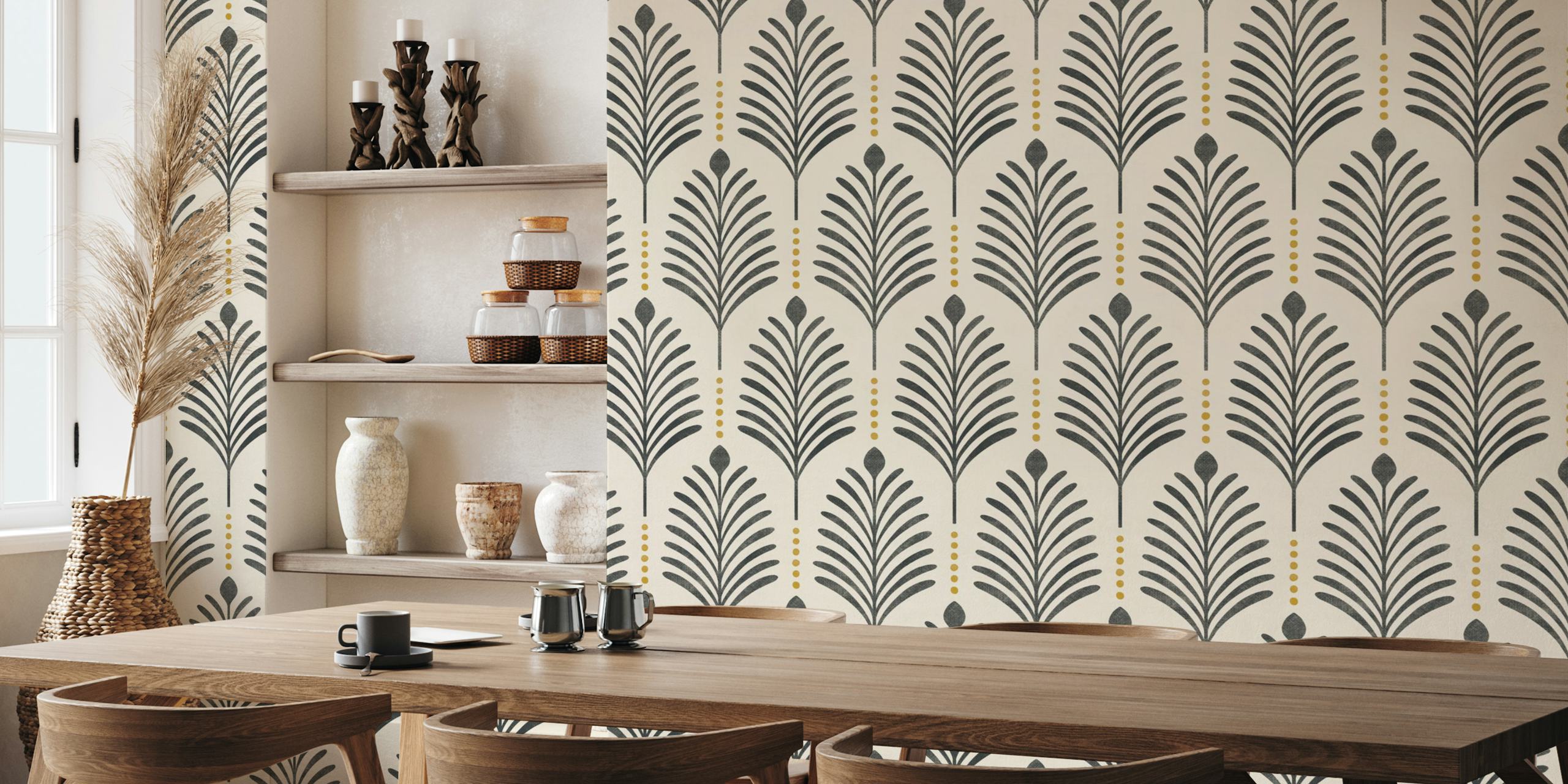Art deco vertical leaves papel de parede em um quarto