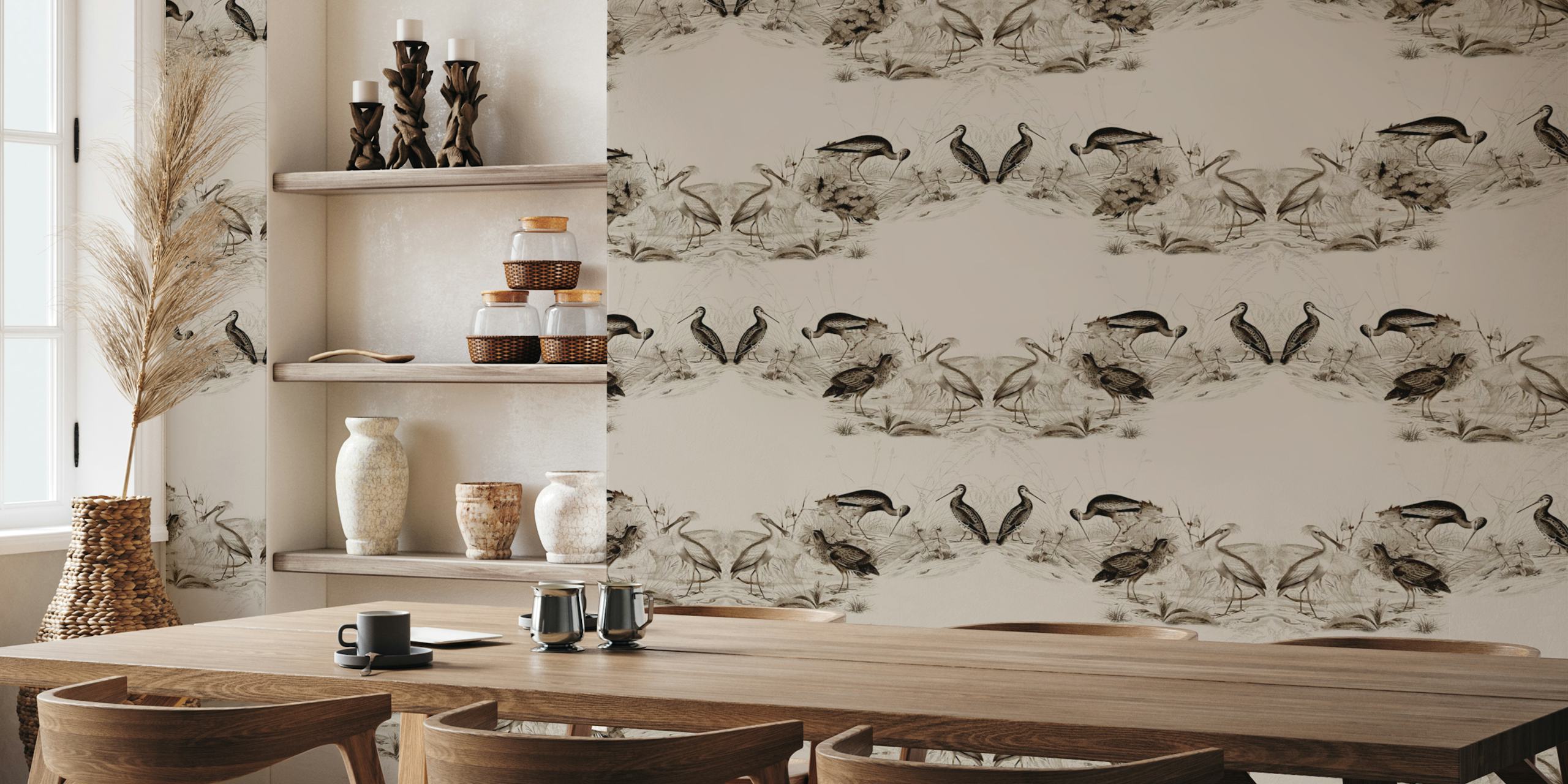 Beige birds with floral elements in vintage style wallpaper