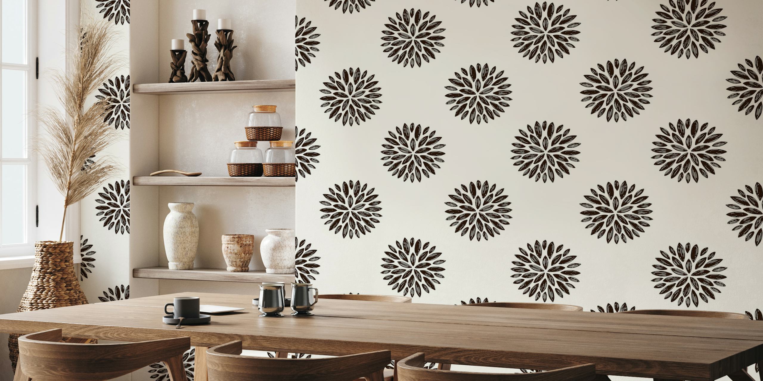 Boho floral pattern in charcoal and white wallpaper