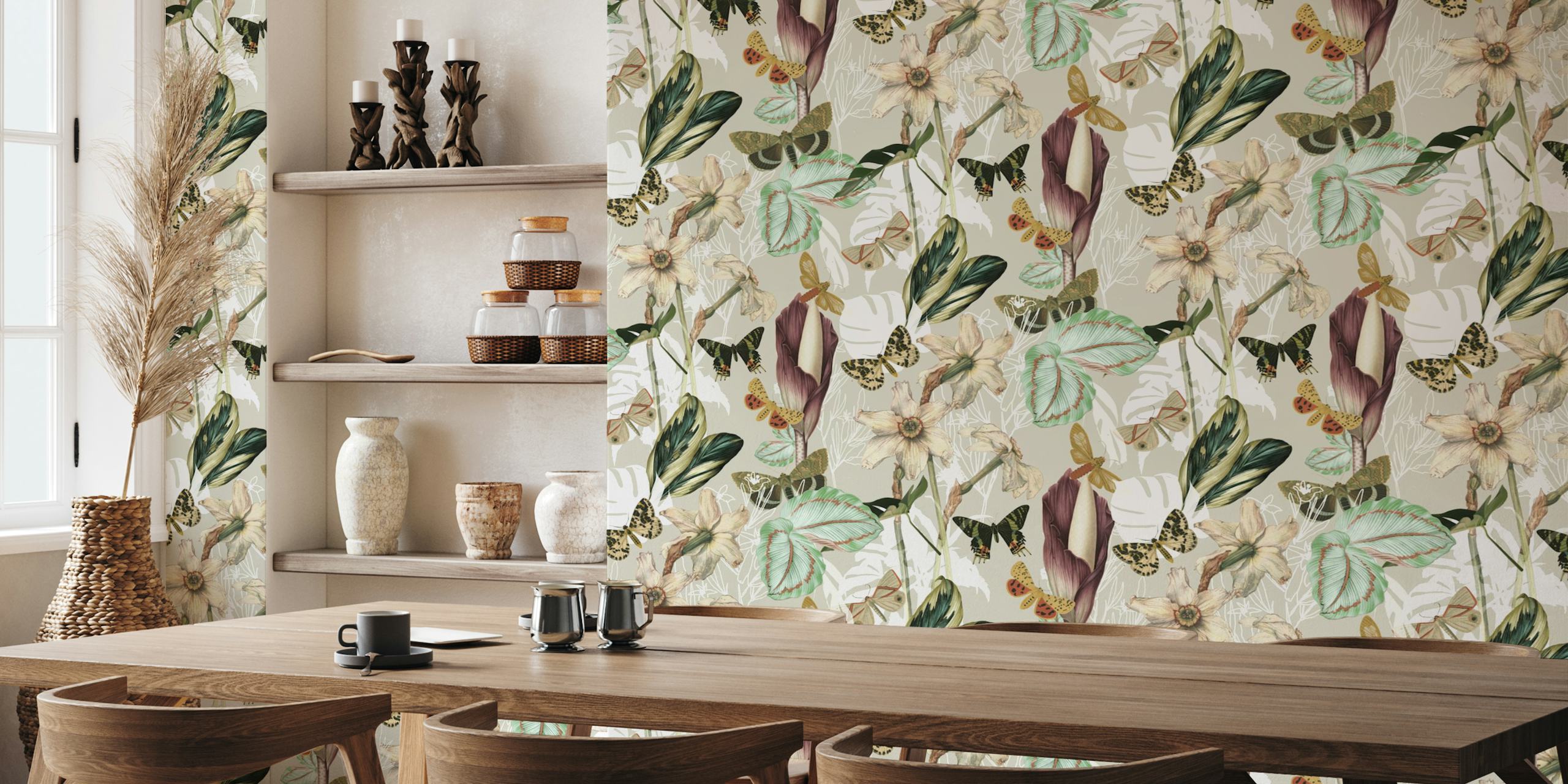 Exotic flora and fauna wallpaper in a room