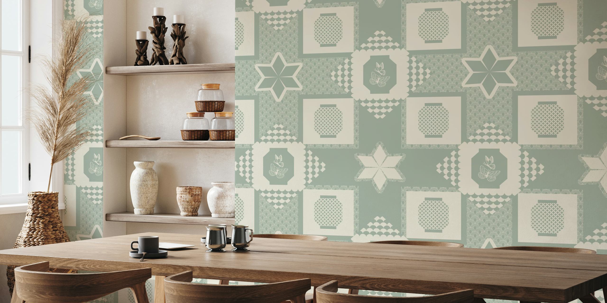 Geometric lanterns sage green wallpaper in a room