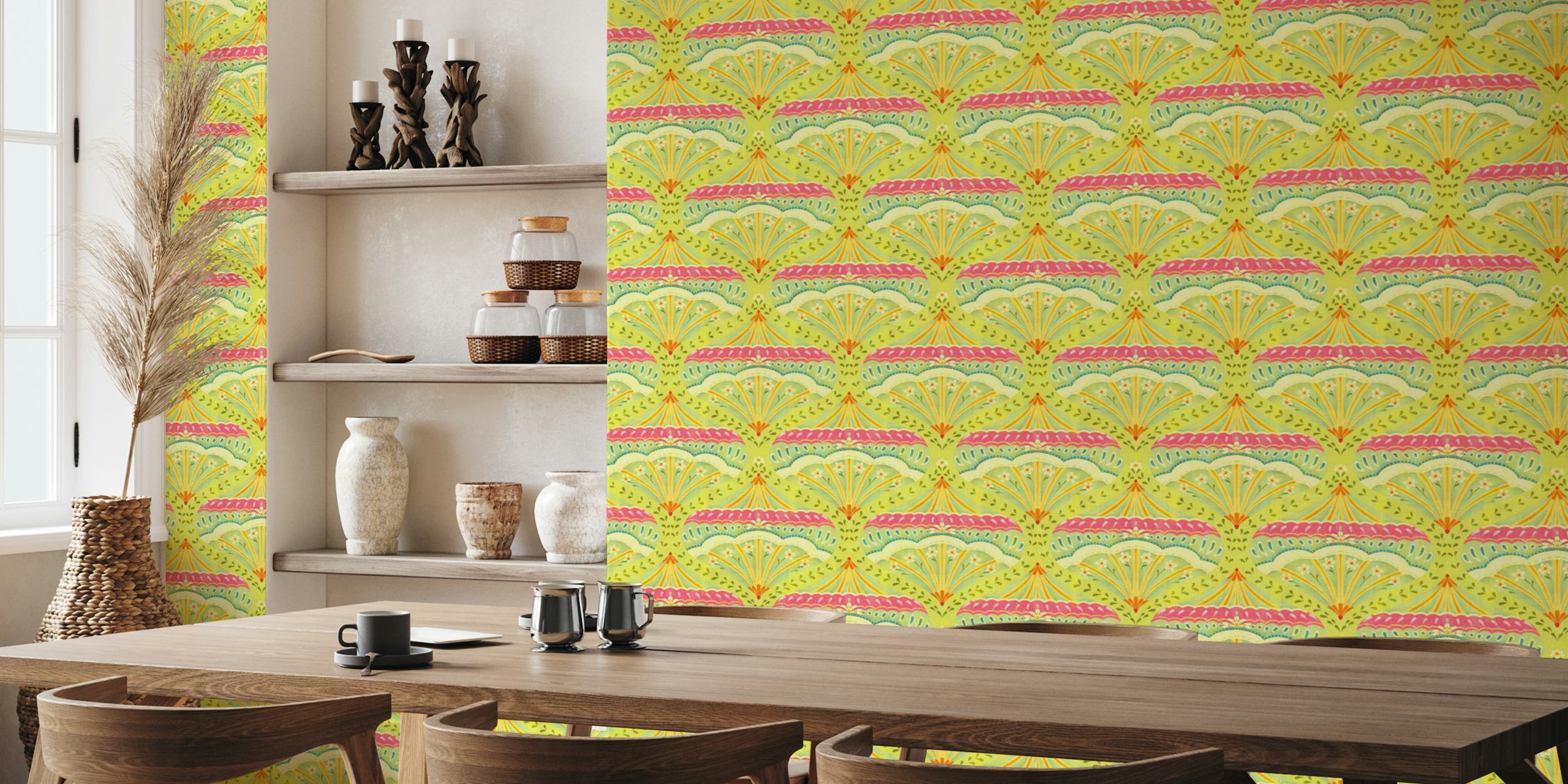 Vintage floral pattern in green with pink and blue tones wallpaper