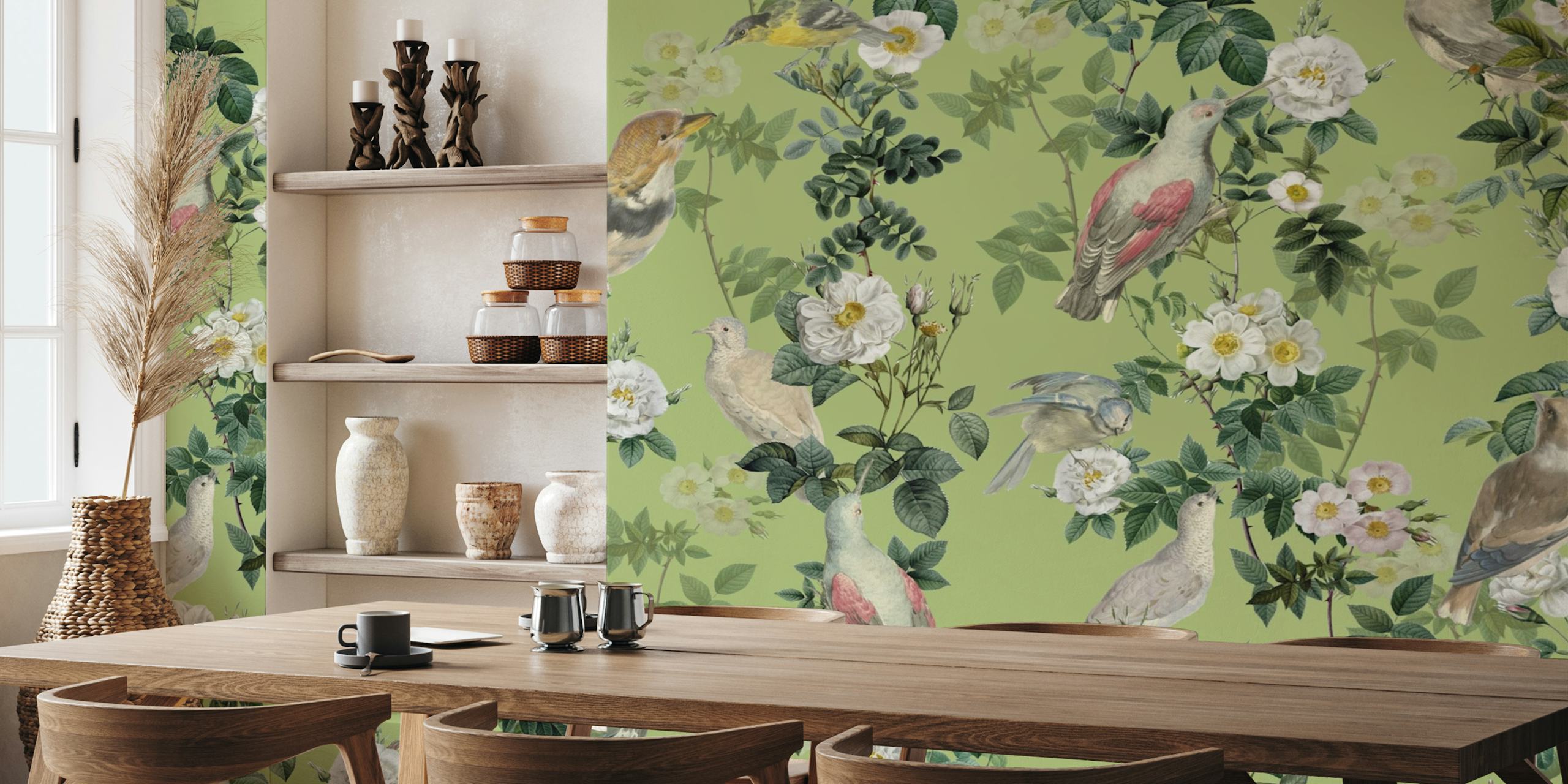 Birds and flowers on green background wallpaper